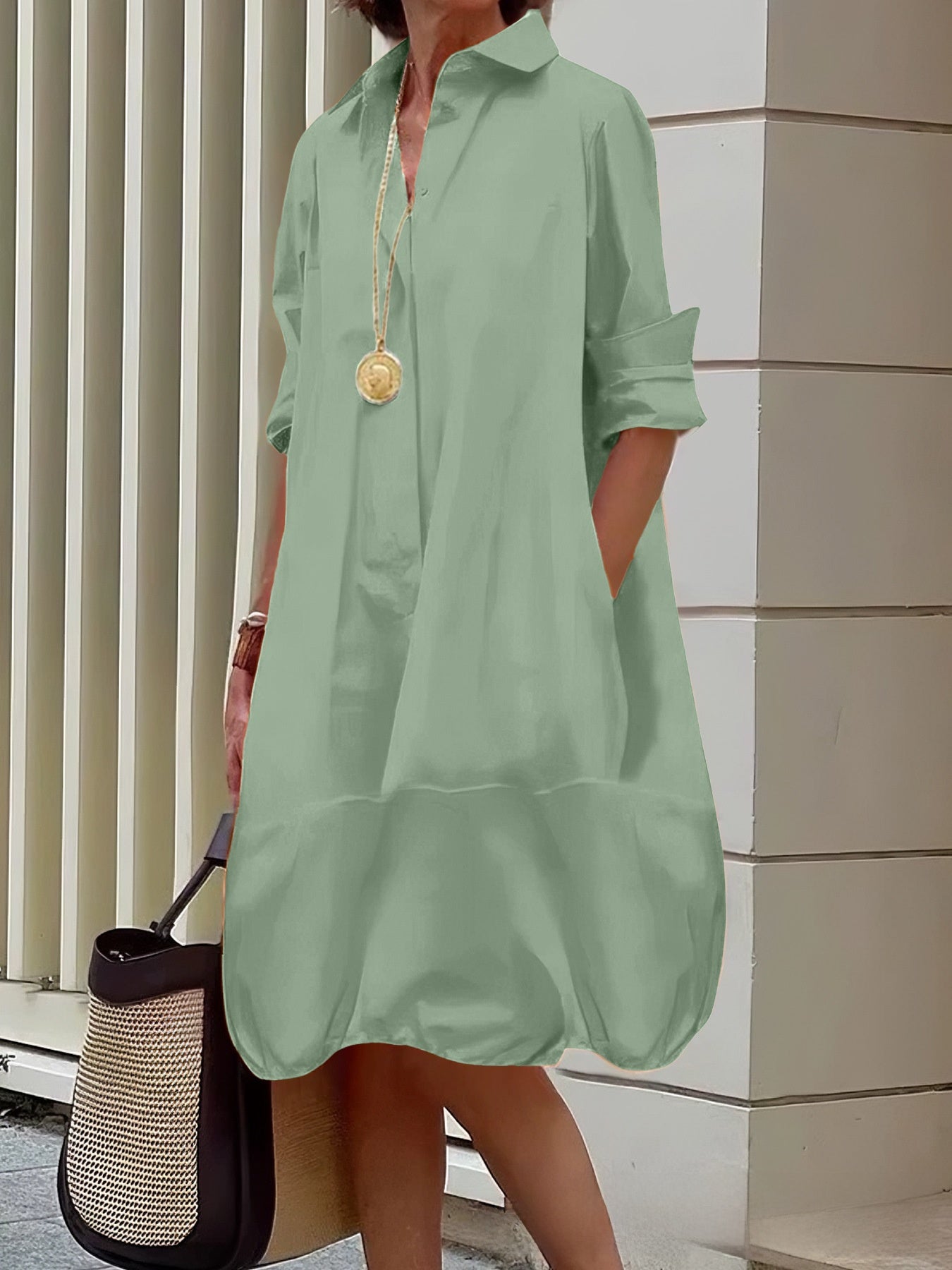 Solid Color Elegant Casual Midi Dress With Lapel Neckline And Long Sleeves In Cotton Fabric