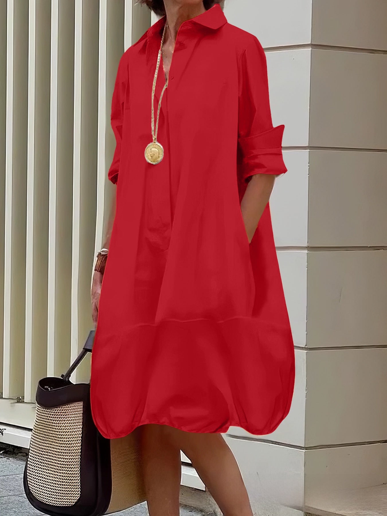 Solid Color Elegant Casual Midi Dress With Lapel Neckline And Long Sleeves In Cotton Fabric