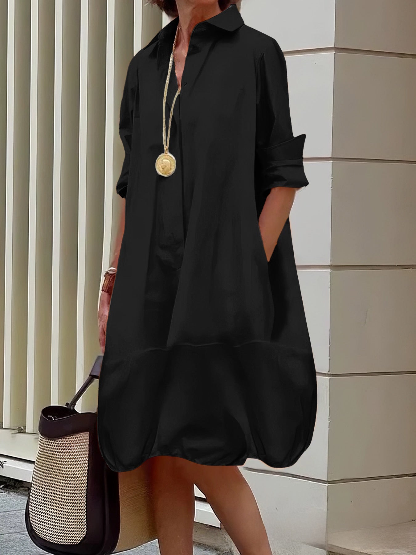 Solid Color Elegant Casual Midi Dress With Lapel Neckline And Long Sleeves In Cotton Fabric