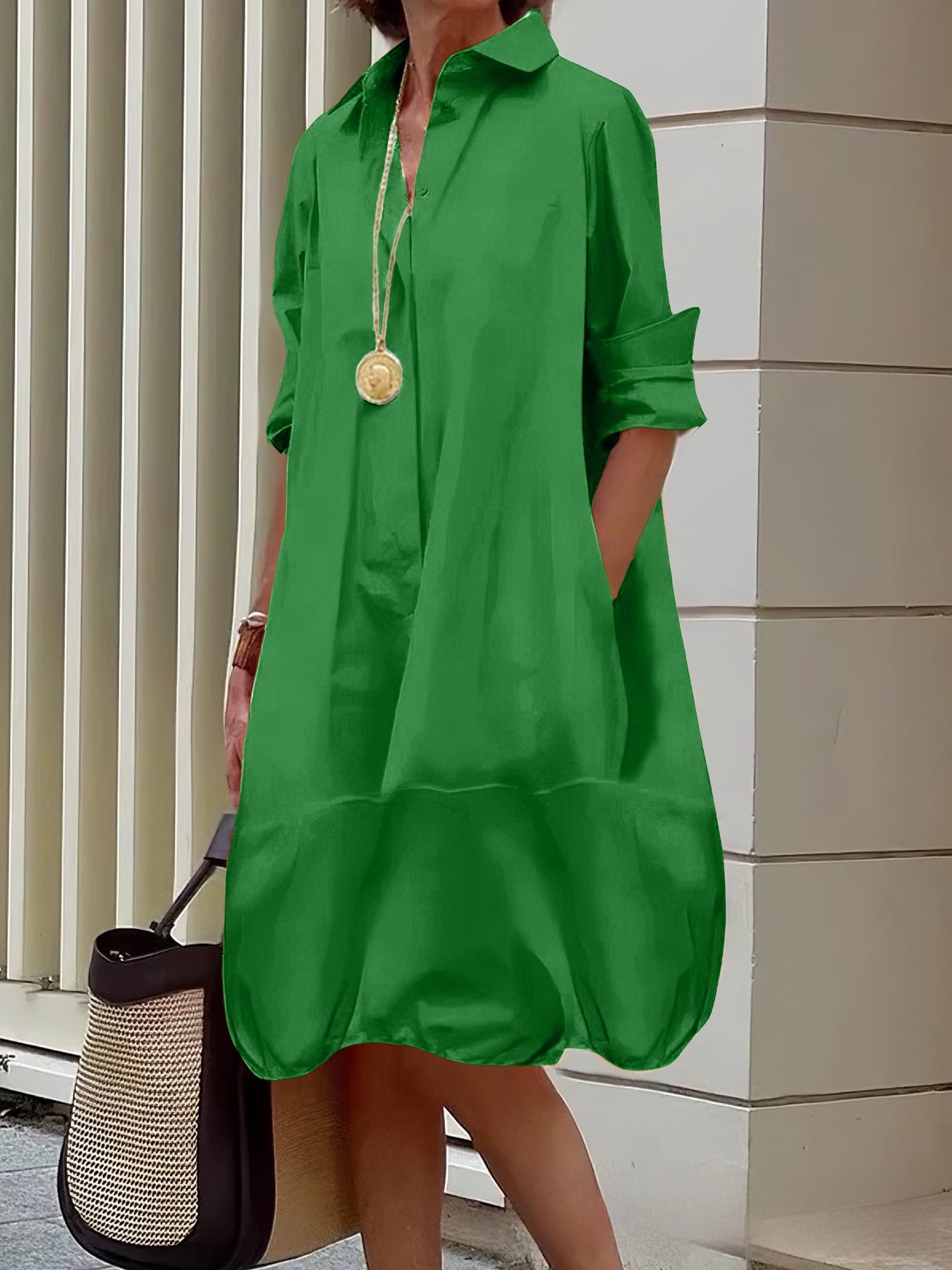 Solid Color Elegant Casual Midi Dress With Lapel Neckline And Long Sleeves In Cotton Fabric