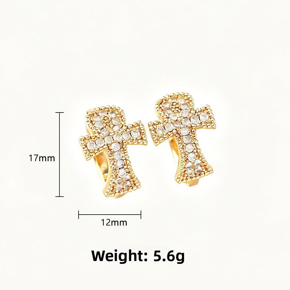 Cross Earrings For Women In Real Gold Plated Copper Featuring Zircon Inlay, Elegant Jewelry Accessory