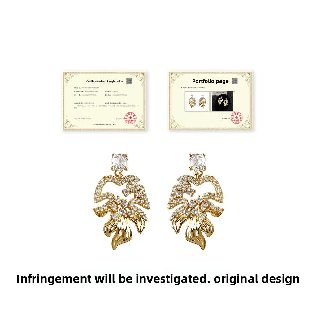 Leaves Earrings For Women With Copper Ear Pins And Zircon Inlay In Silver