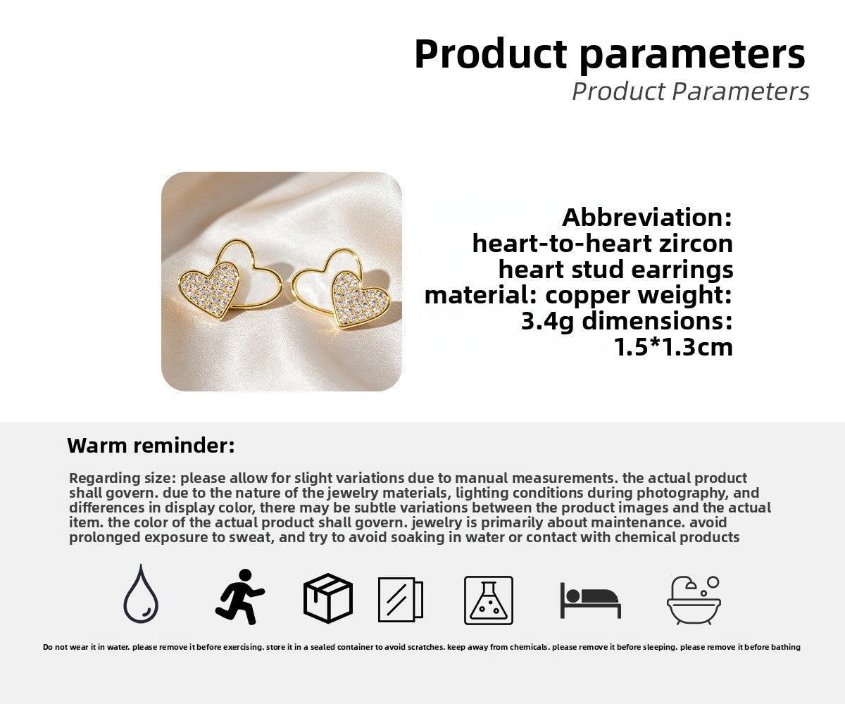 Double Heart Stud Earrings For Women In Real Gold Plated Copper With 925 Sterling Silver Posts