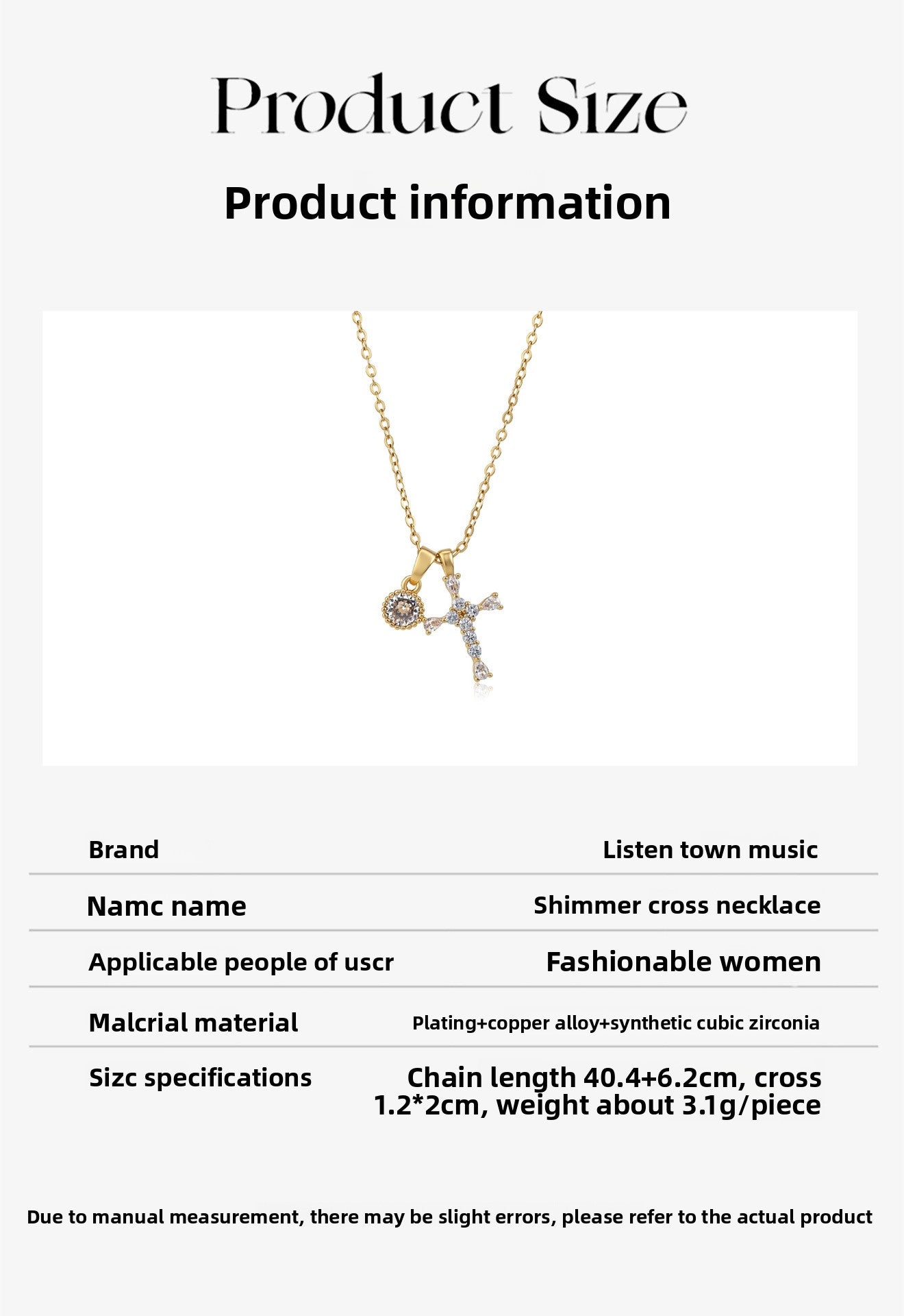 Electroplated Cross Necklace For Women With Copper Pendant And Zircon Inlay