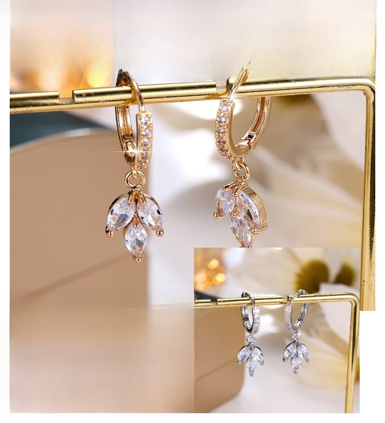 Leaves Earrings For Women With Copper Ear Pins, Electroplated Gold Plating And Zircon Inlay