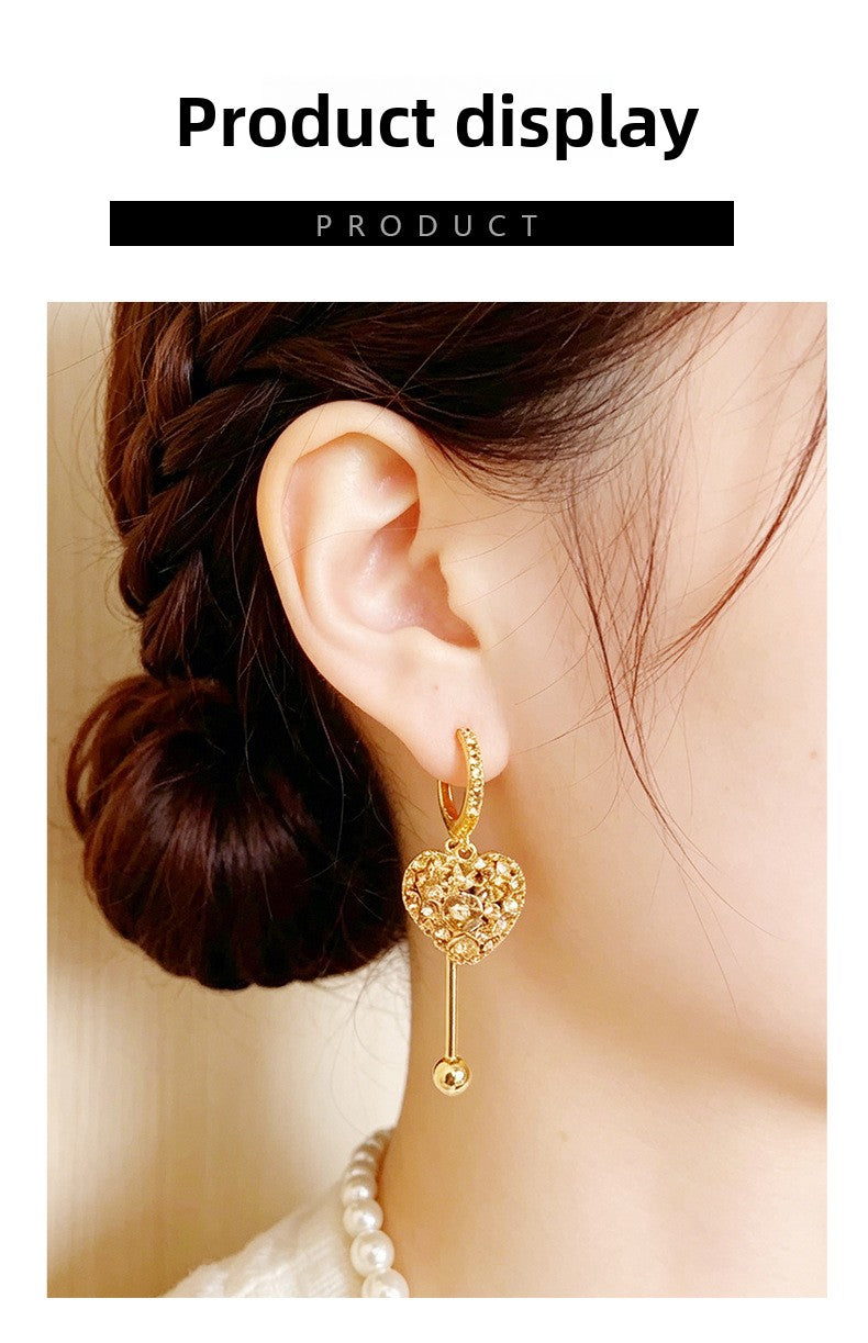 Heart Shape Tassel Earrings For Women In Gold With Rhinestones, 1 Pair Featuring Copper Ear Pins