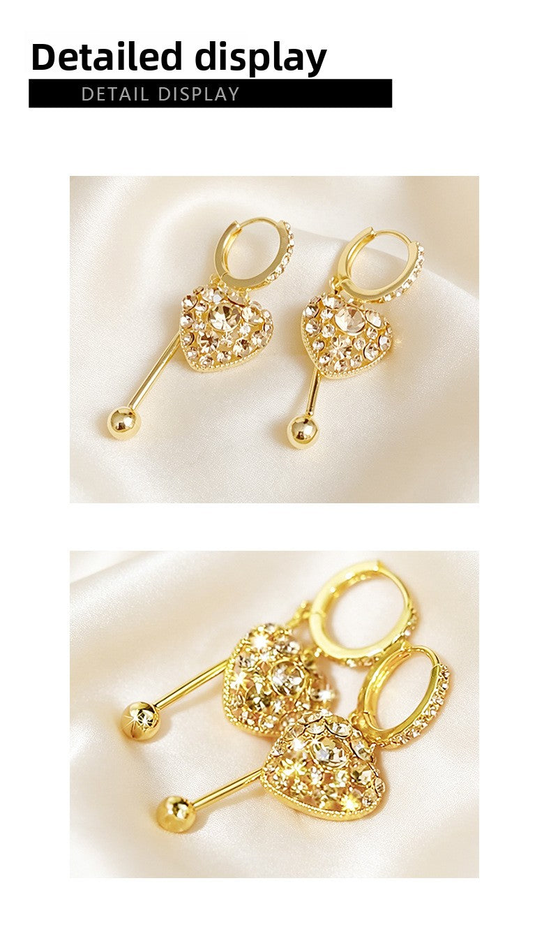 Heart Shape Tassel Earrings For Women In Gold With Rhinestones, 1 Pair Featuring Copper Ear Pins