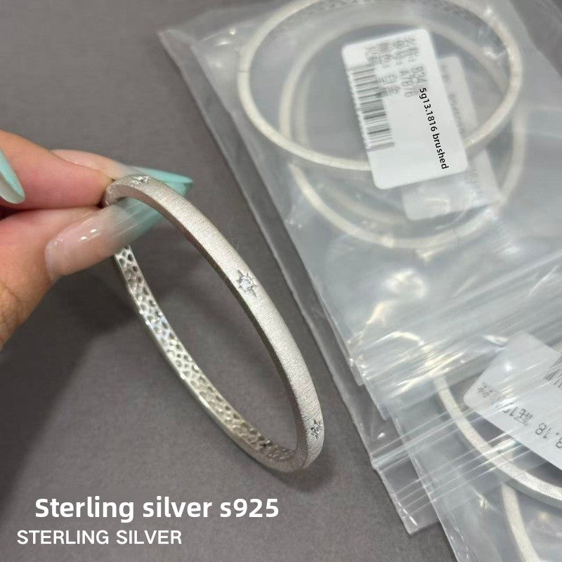 Starburst Brushed 925 Sterling Silver Bangle With Diamond Inlay