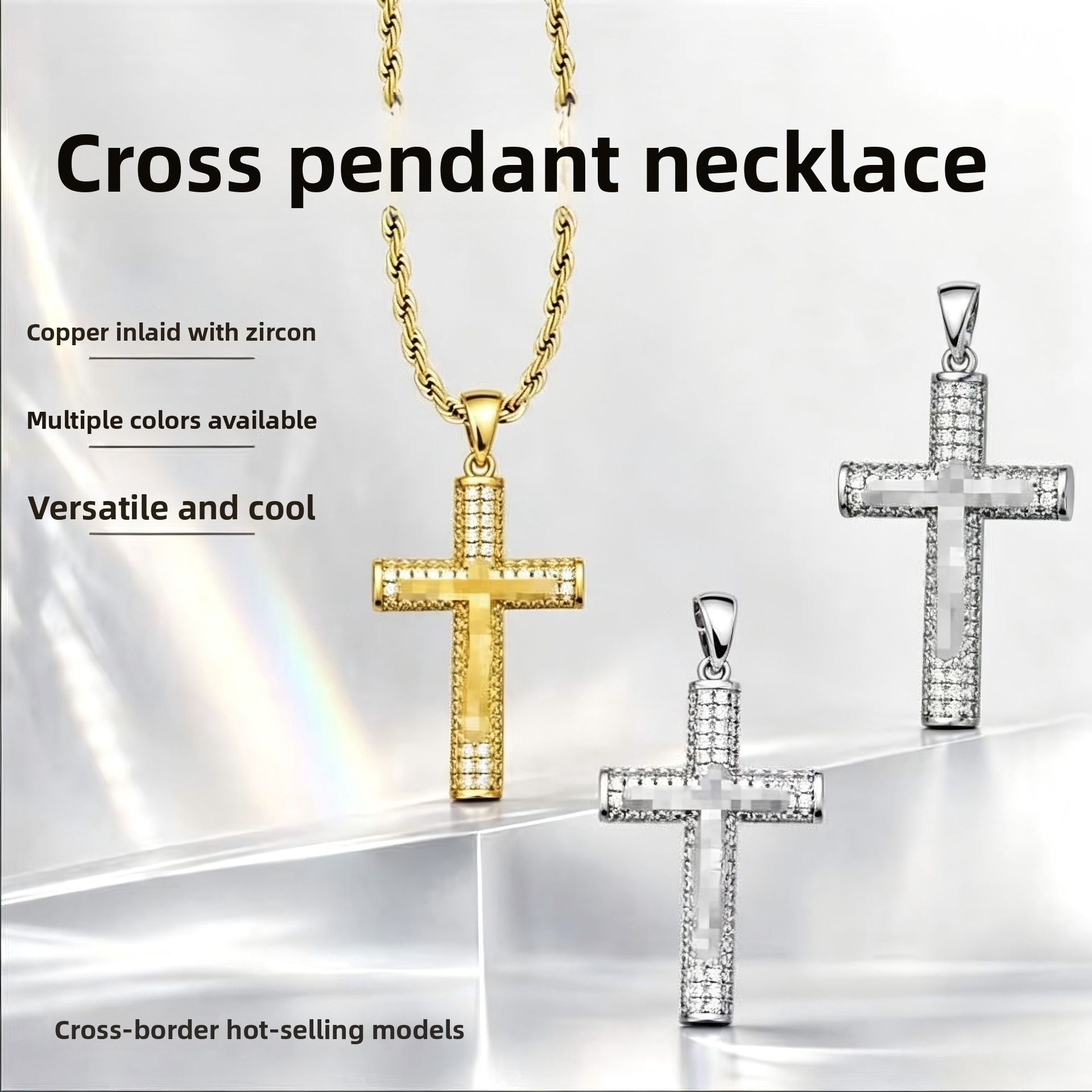 Hip-Hop Copper Cross Pendant With Zircon Inlay On Cuban Link Chain Curb Chain