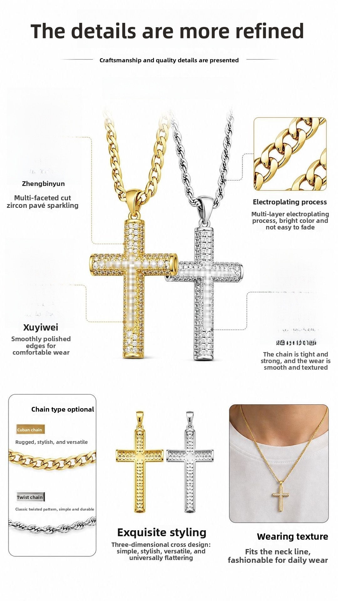 Hip-Hop Copper Cross Pendant With Zircon Inlay On Cuban Link Chain Curb Chain