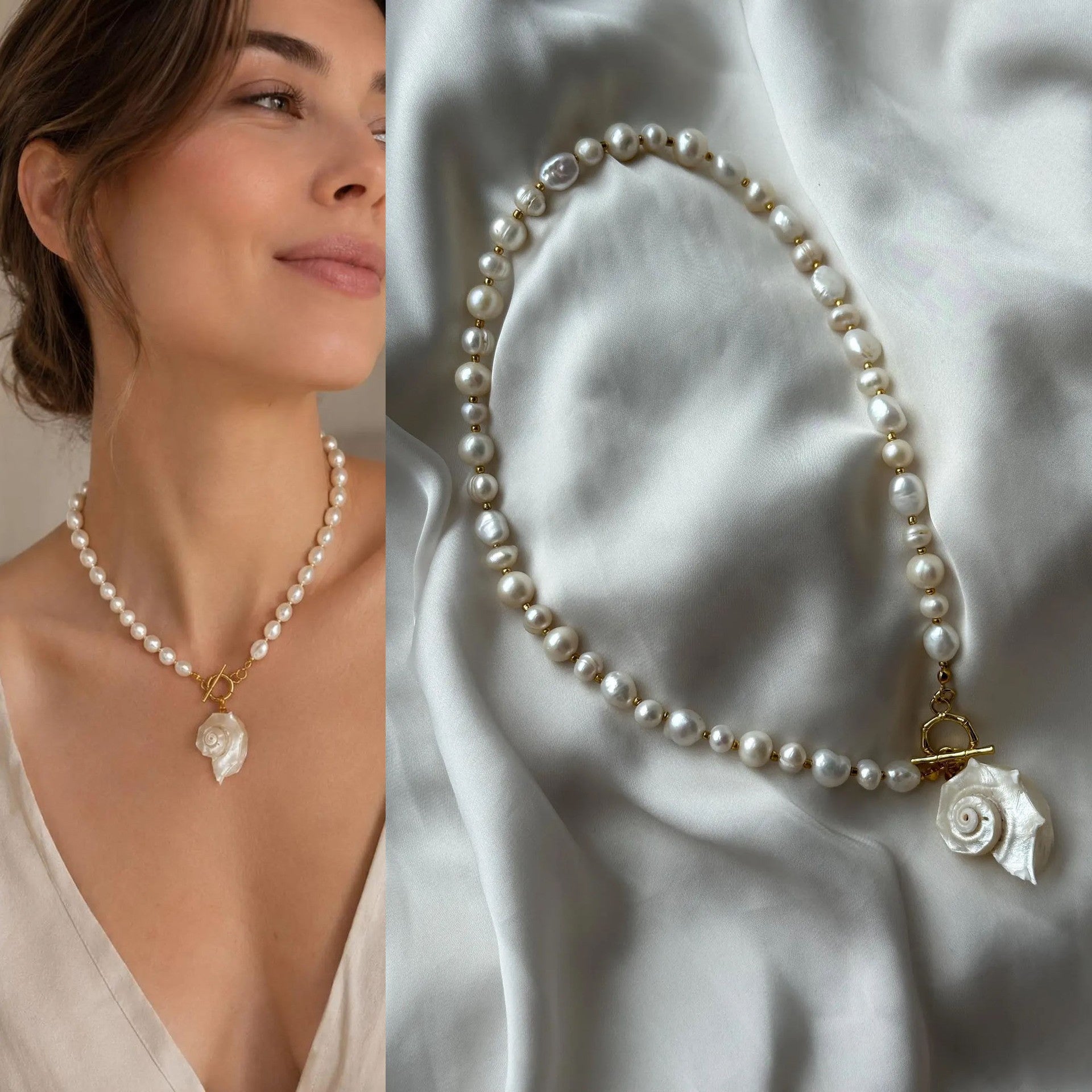 Conch Freshwater Pearl Titanium Steel Beaded Handmade Conch Pendant Necklace