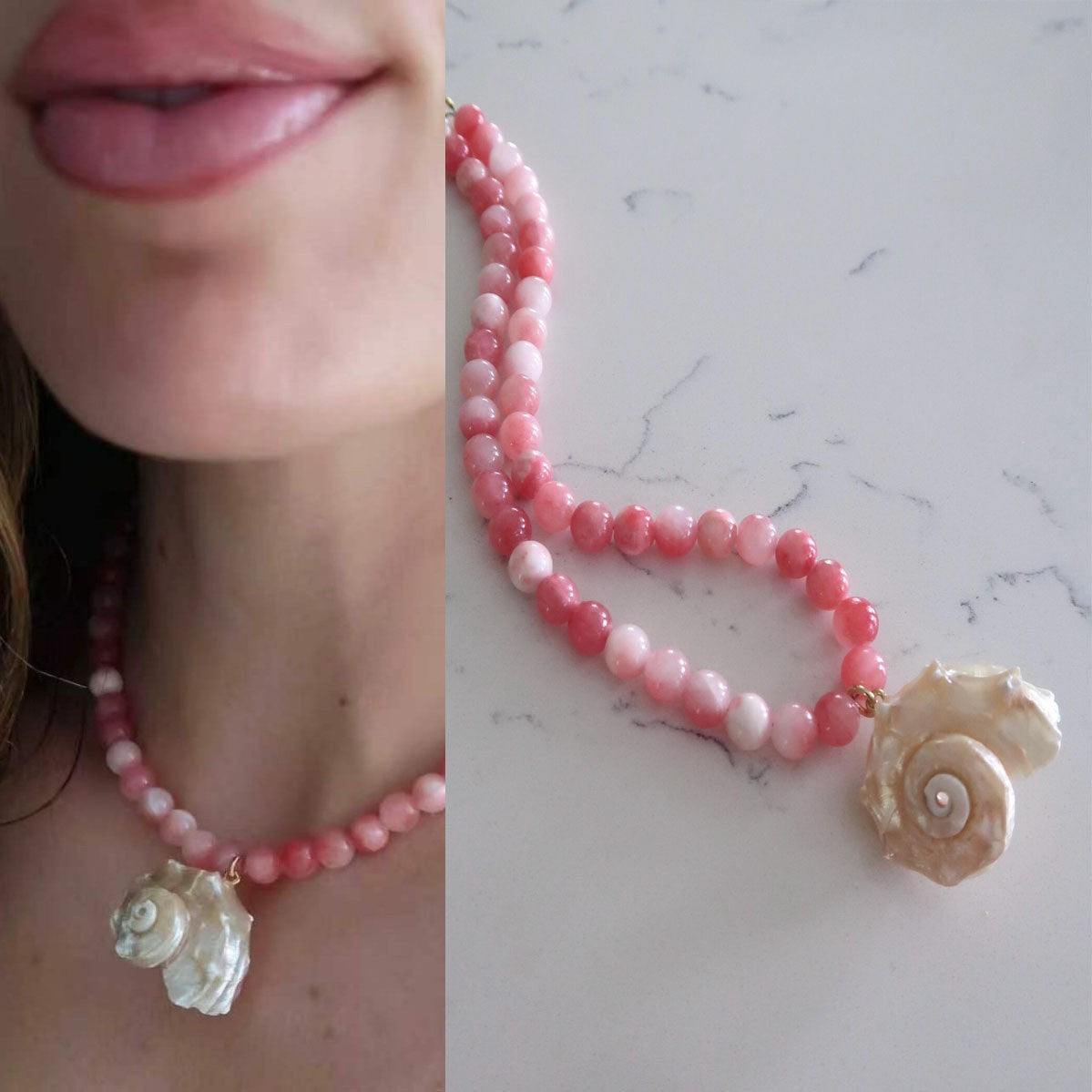 Conch Freshwater Pearl Titanium Steel Beaded Handmade Conch Pendant Necklace