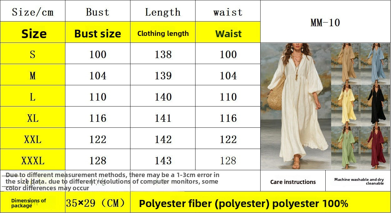 Solid Color Boho Dress With 3/4 Length Sleeve And Deep V Neckline In Cotton And Linen, Casual Vacation Style
