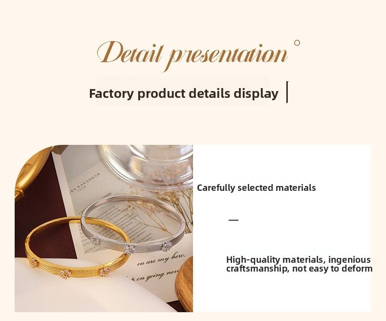 Elegant Flowers Brushed Copper Bangle For Women With Electroplated Gold Plating And Gem Inlay
