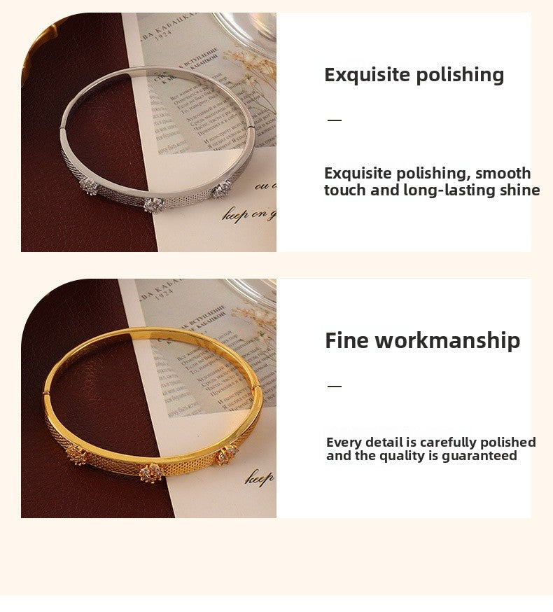 Elegant Flowers Brushed Copper Bangle For Women With Electroplated Gold Plating And Gem Inlay