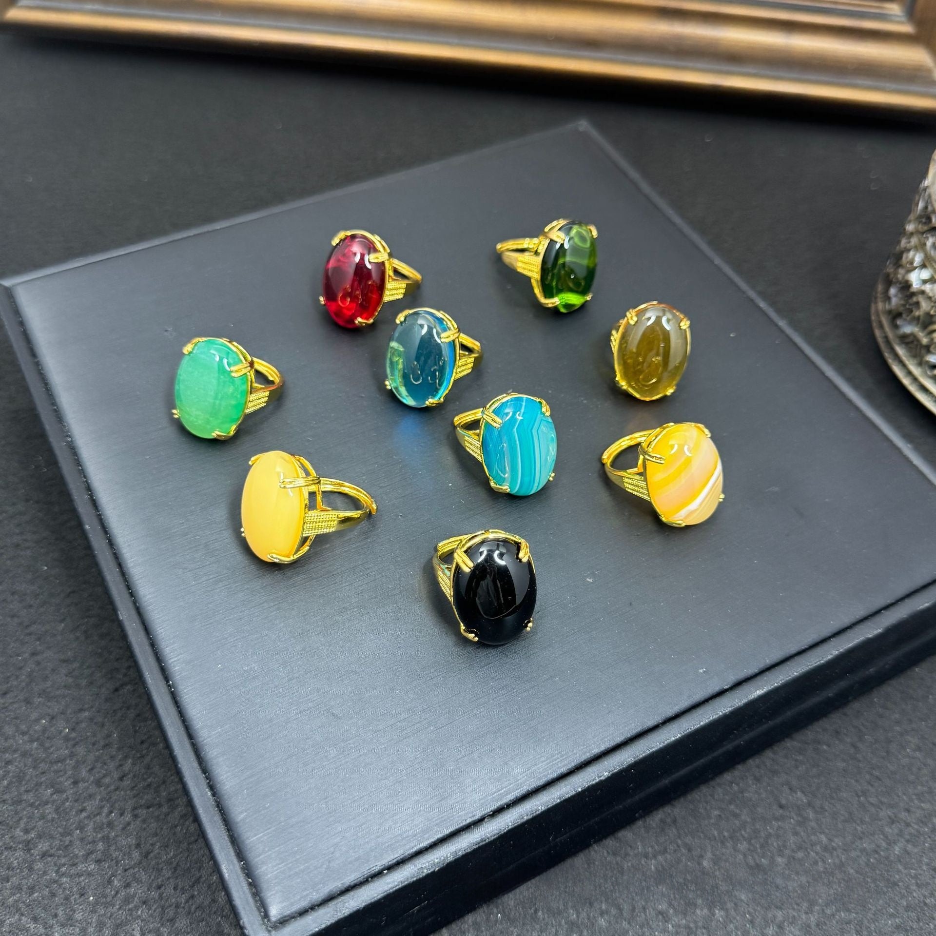 Geometric Open Rings For Women Featuring Natural Stone And Crystal Inlay With 18K Real Gold Electroplated Finish