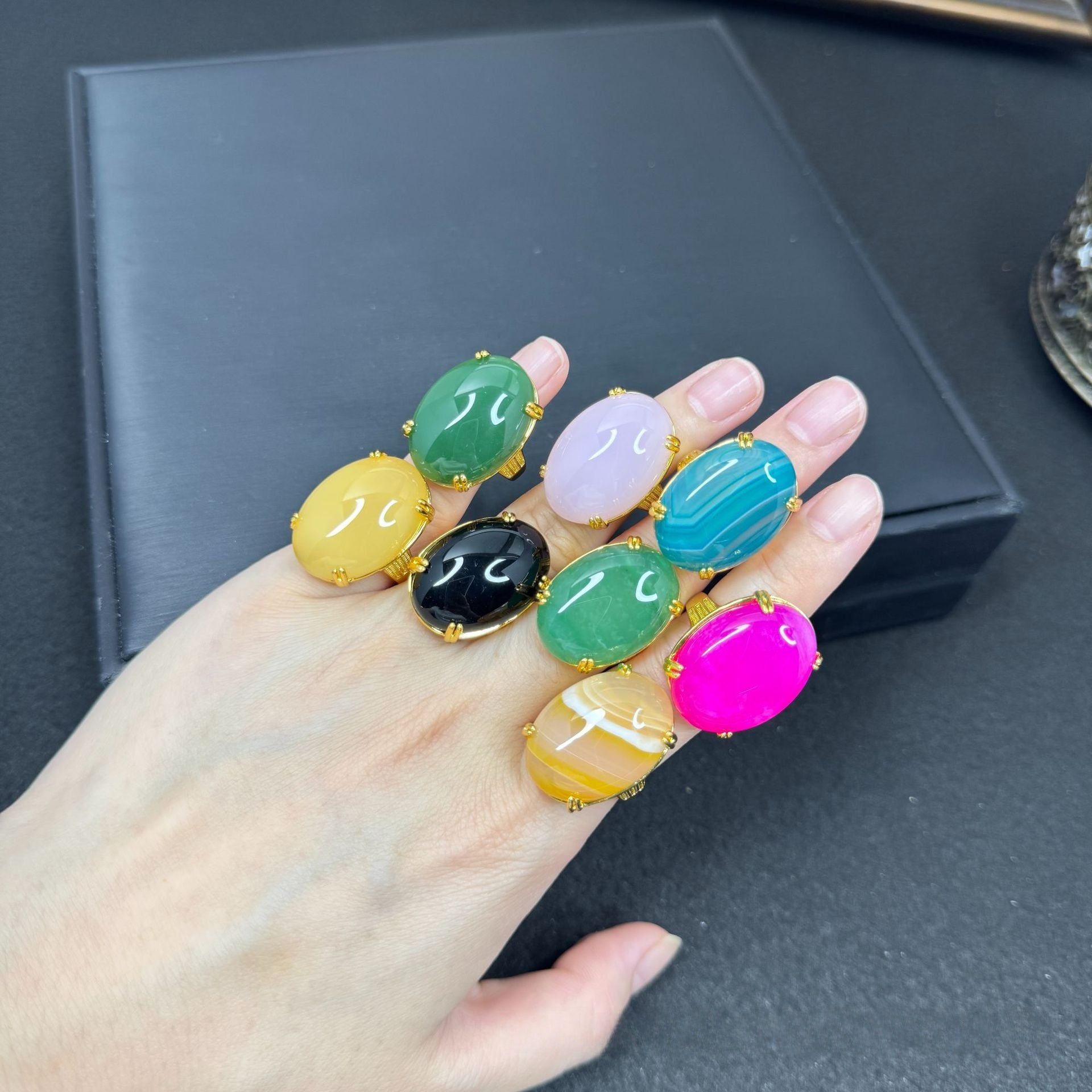 Geometric Open Rings For Women Featuring Natural Stone And Crystal Inlay With 18K Real Gold Electroplated Finish