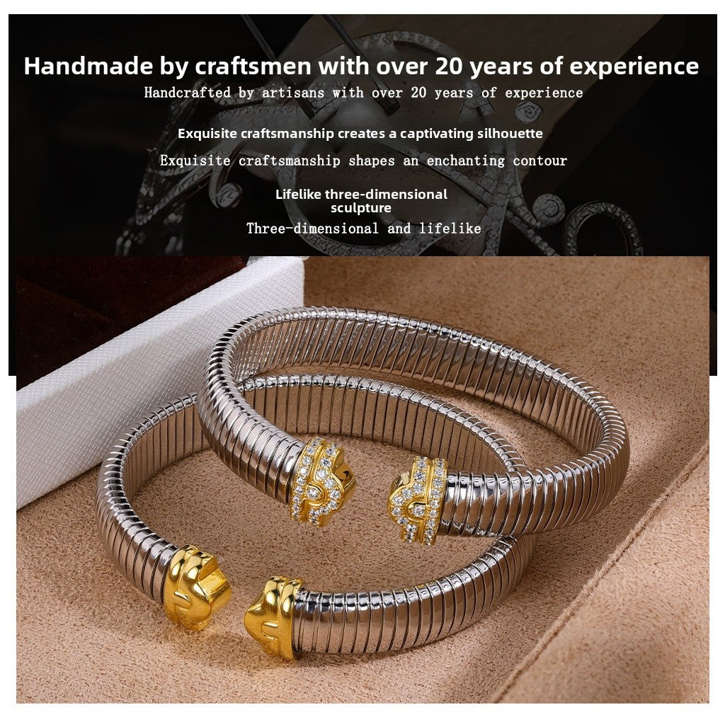 Luxurious Oval Inlay Bangle For Women In 925 Sterling Silver With Electroplated Gold Plating