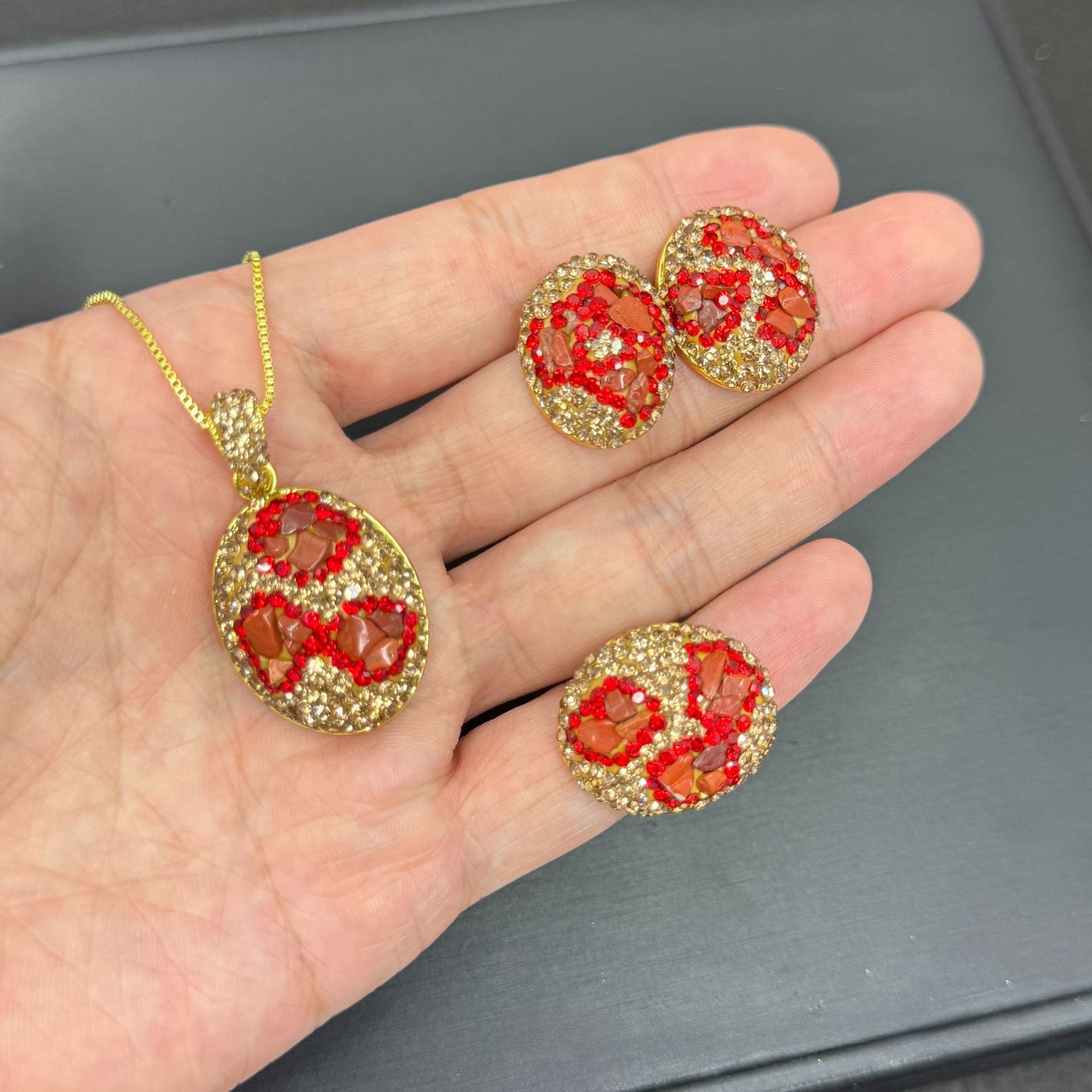 3 Pieces Multicolor Oval Natural Stone Jewelry Set For Women With Rhinestones