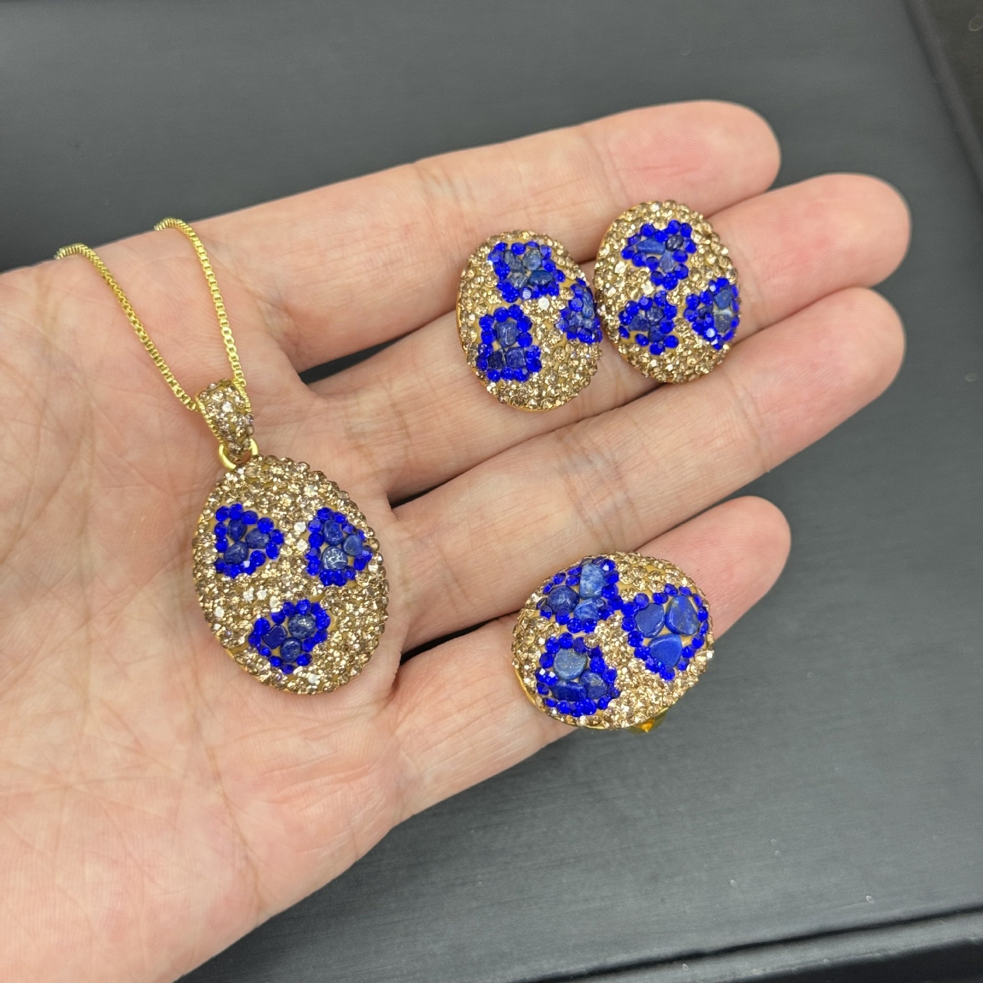 3 Pieces Multicolor Oval Natural Stone Jewelry Set For Women With Rhinestones