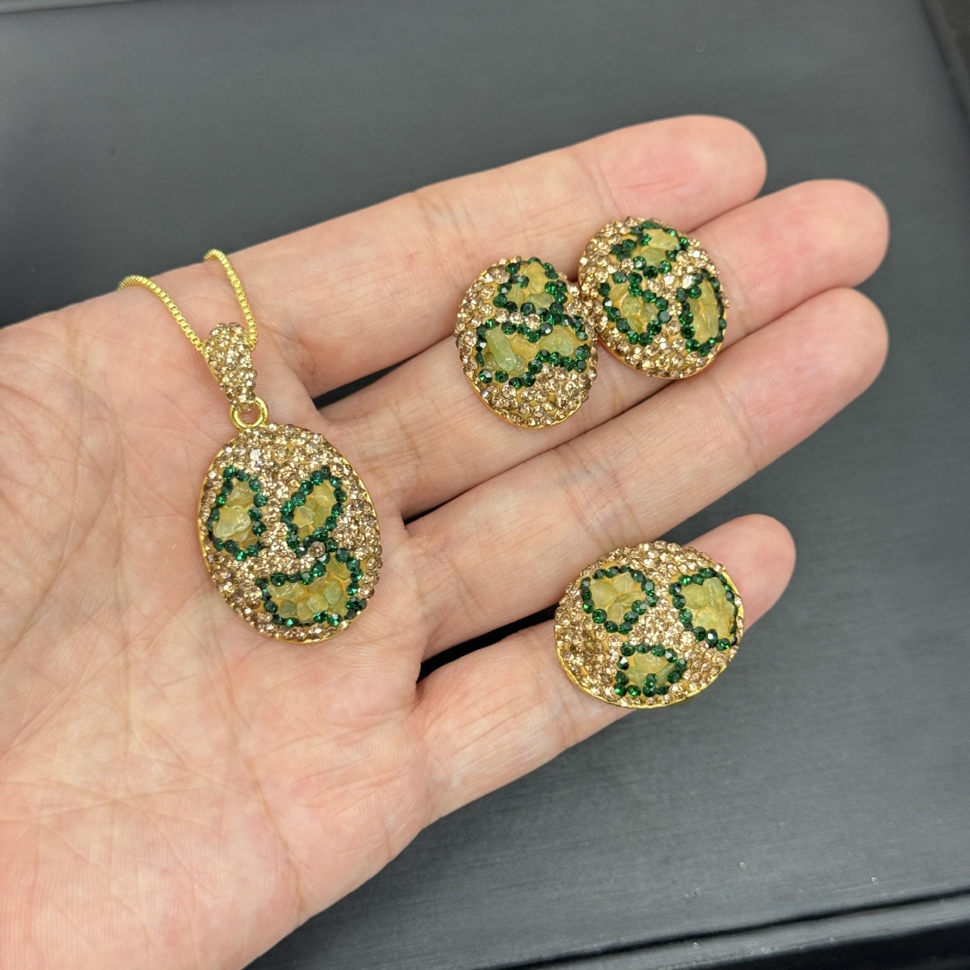 3 Pieces Multicolor Oval Natural Stone Jewelry Set For Women With Rhinestones