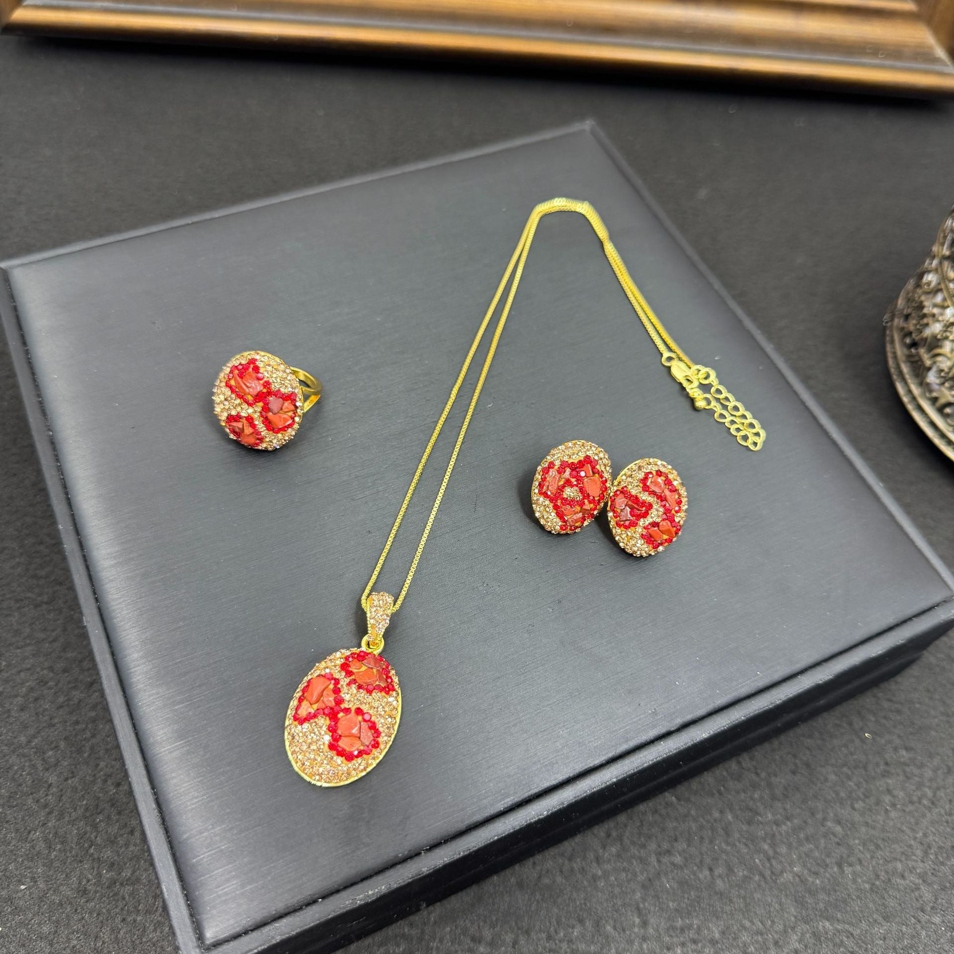 3 Pieces Multicolor Oval Natural Stone Jewelry Set For Women With Rhinestones