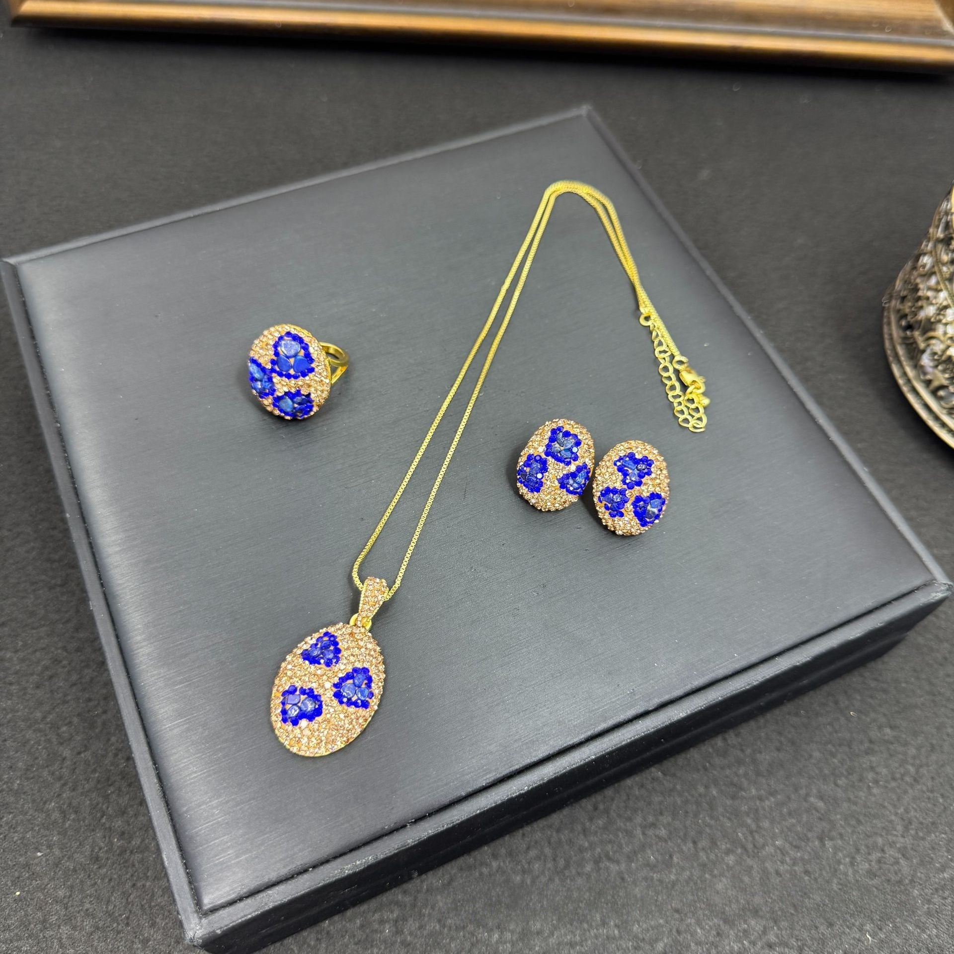 3 Pieces Multicolor Oval Natural Stone Jewelry Set For Women With Rhinestones
