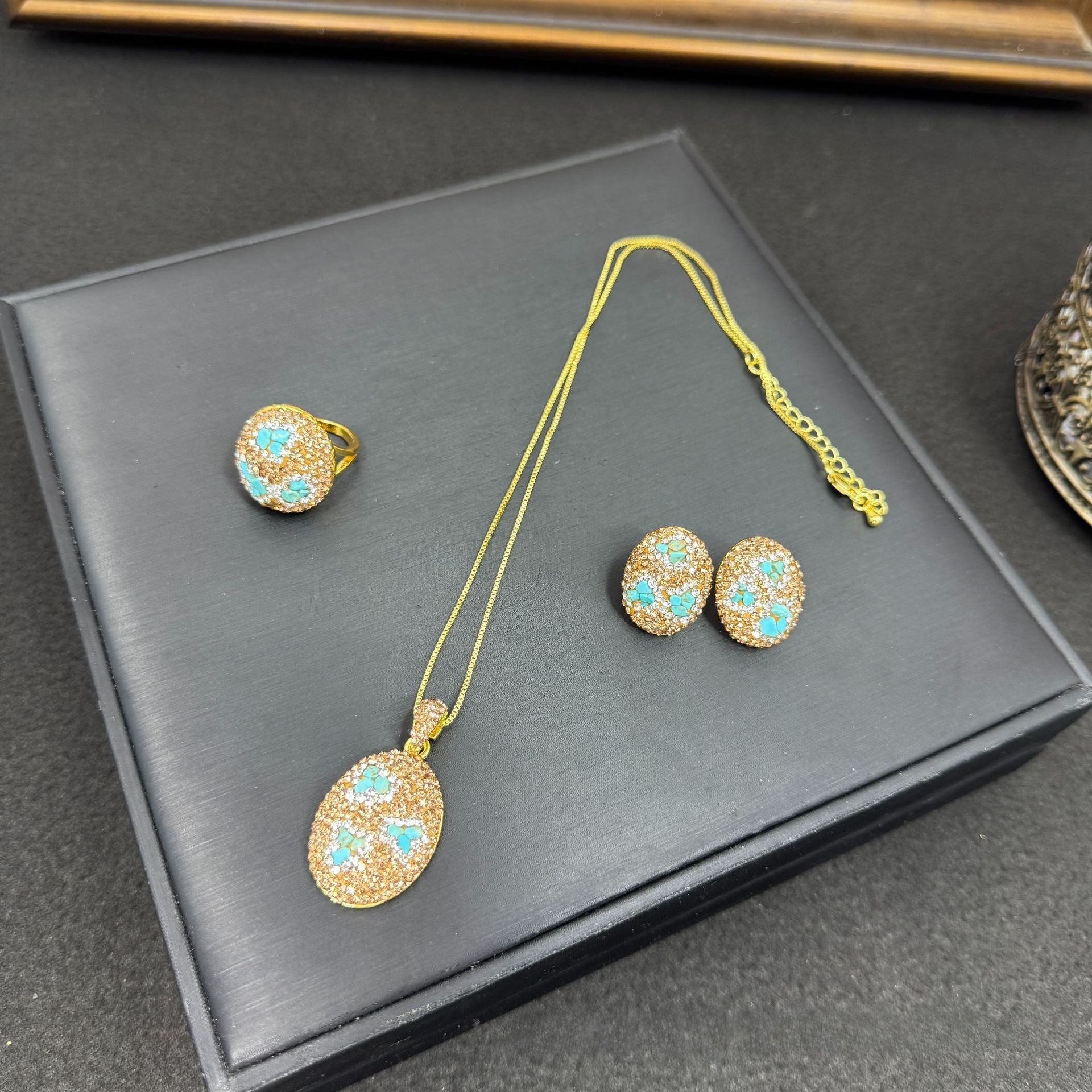 3 Pieces Multicolor Oval Natural Stone Jewelry Set For Women With Rhinestones