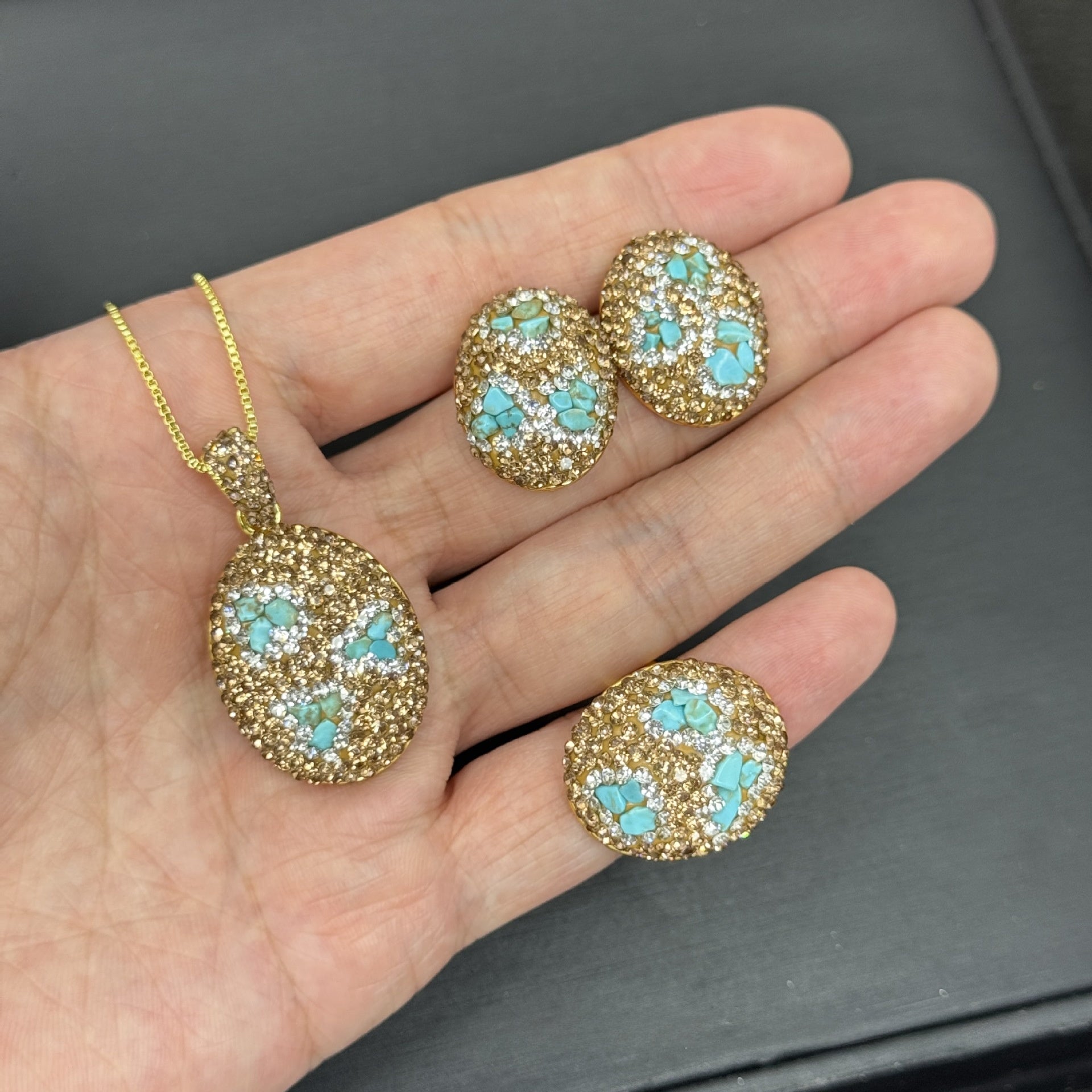 3 Pieces Multicolor Oval Natural Stone Jewelry Set For Women With Rhinestones
