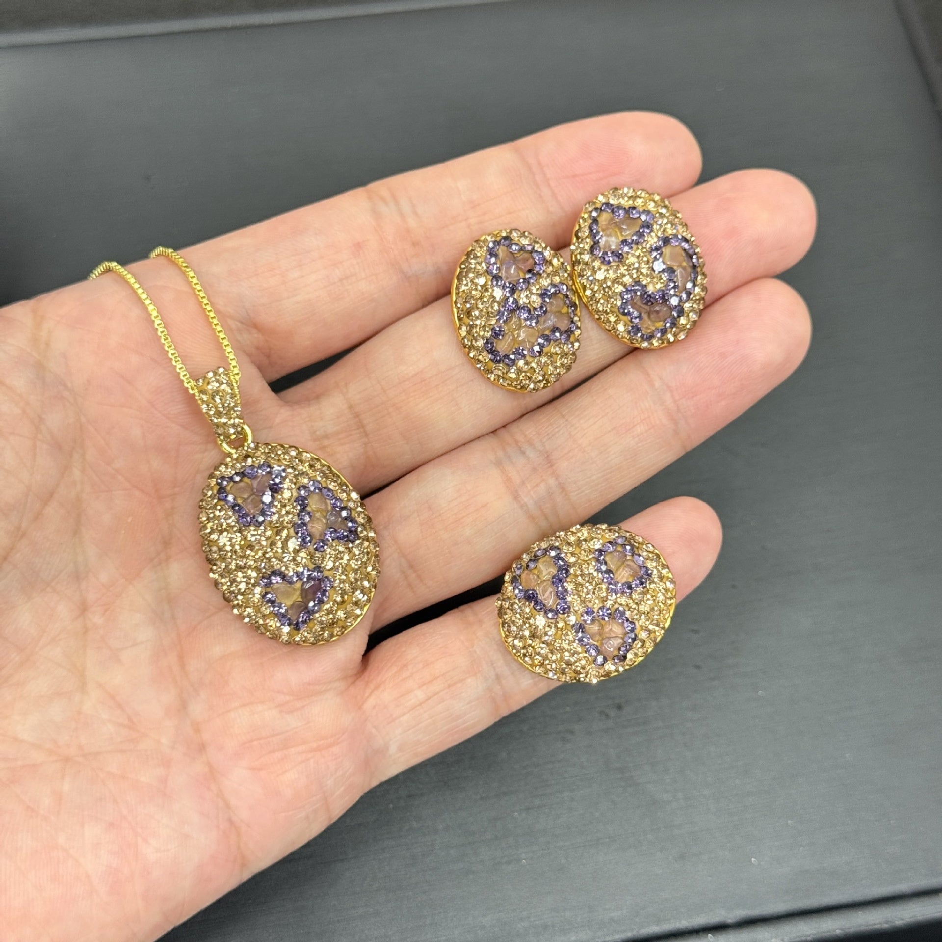 3 Pieces Multicolor Oval Natural Stone Jewelry Set For Women With Rhinestones