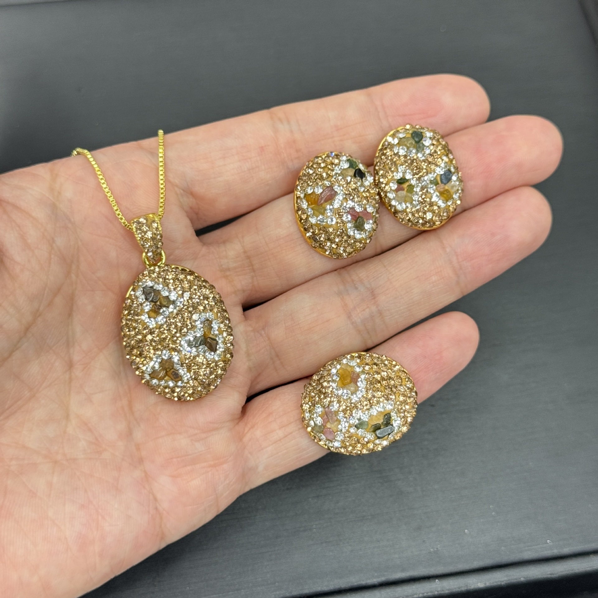 3 Pieces Multicolor Oval Natural Stone Jewelry Set For Women With Rhinestones