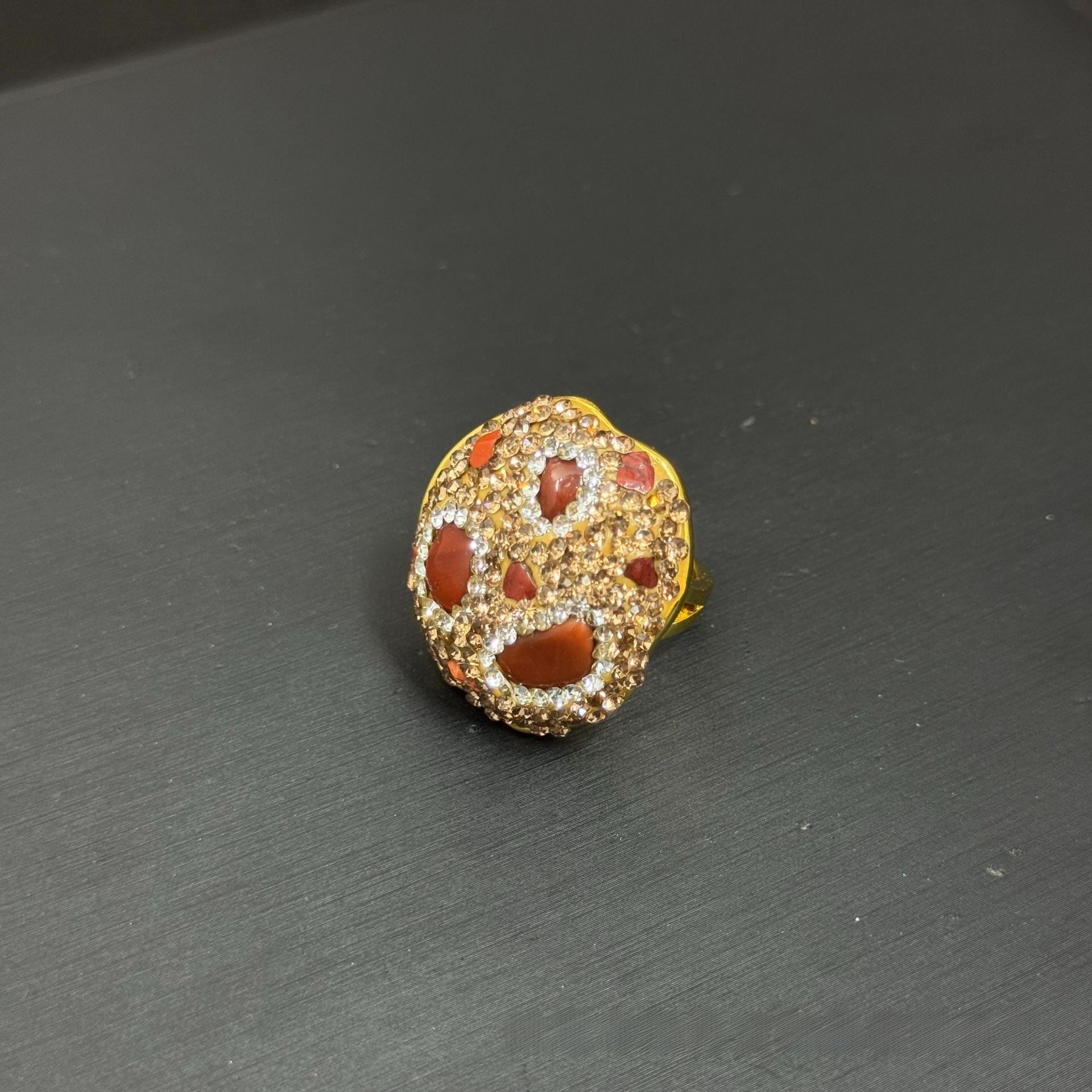 Handmade Natural Stone Open Ring For Women In Red With Rhinestones