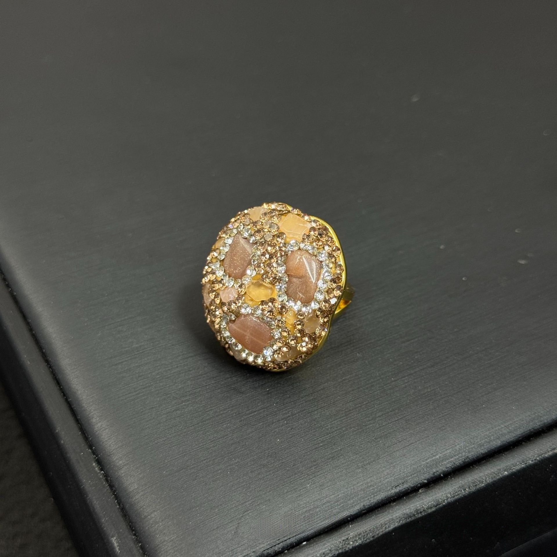 Handmade Natural Stone Open Ring For Women In Red With Rhinestones