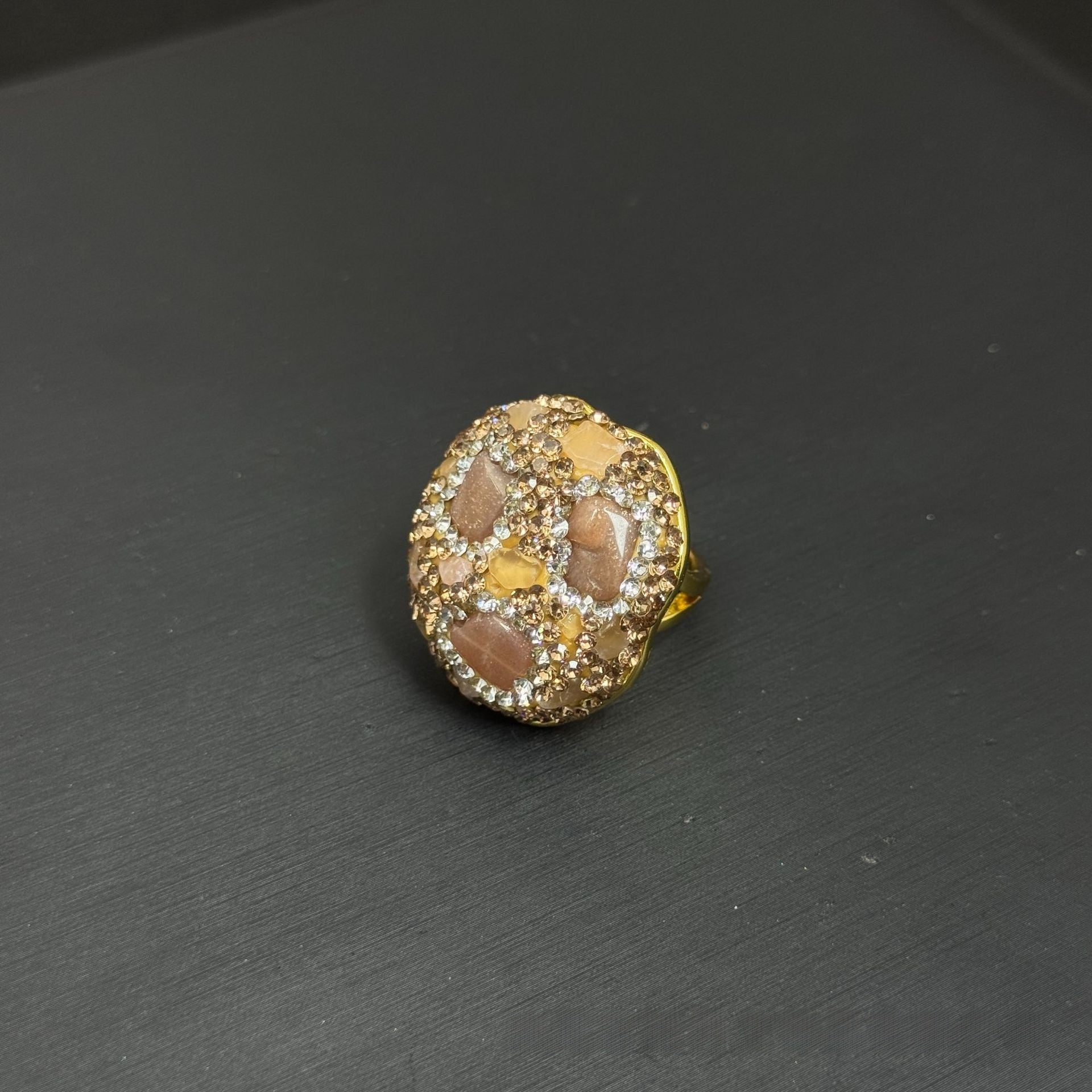 Handmade Natural Stone Open Ring For Women In Red With Rhinestones