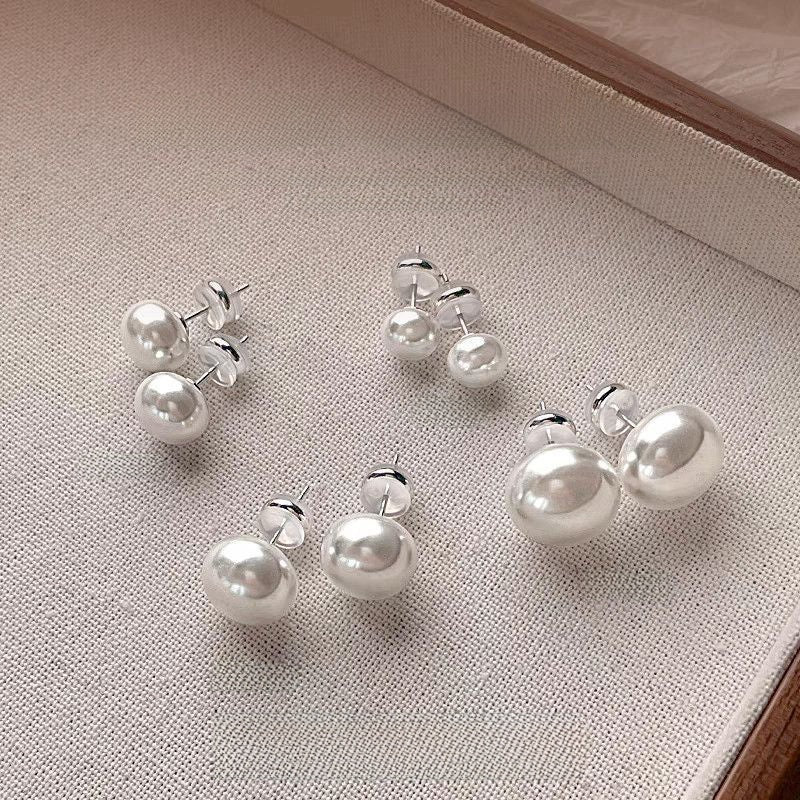 Cute Round White Imitation Pearl Stud Earrings For Women With Electroplated Finish And 925 Sterling Silver Posts
