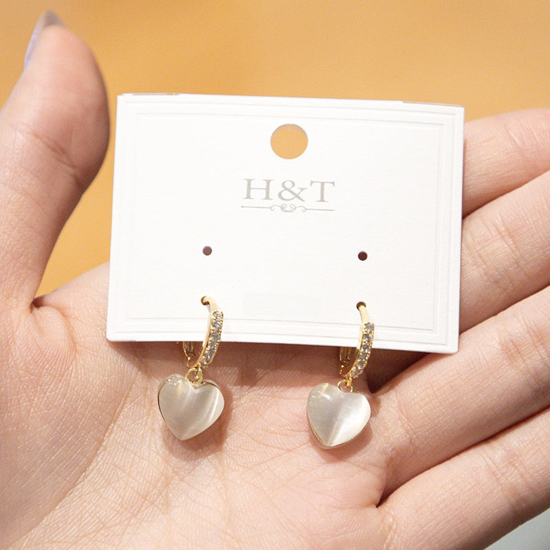 Heart Shape Drop Earrings For Women Featuring Cat's Eye Stone In Real Gold Plated Copper