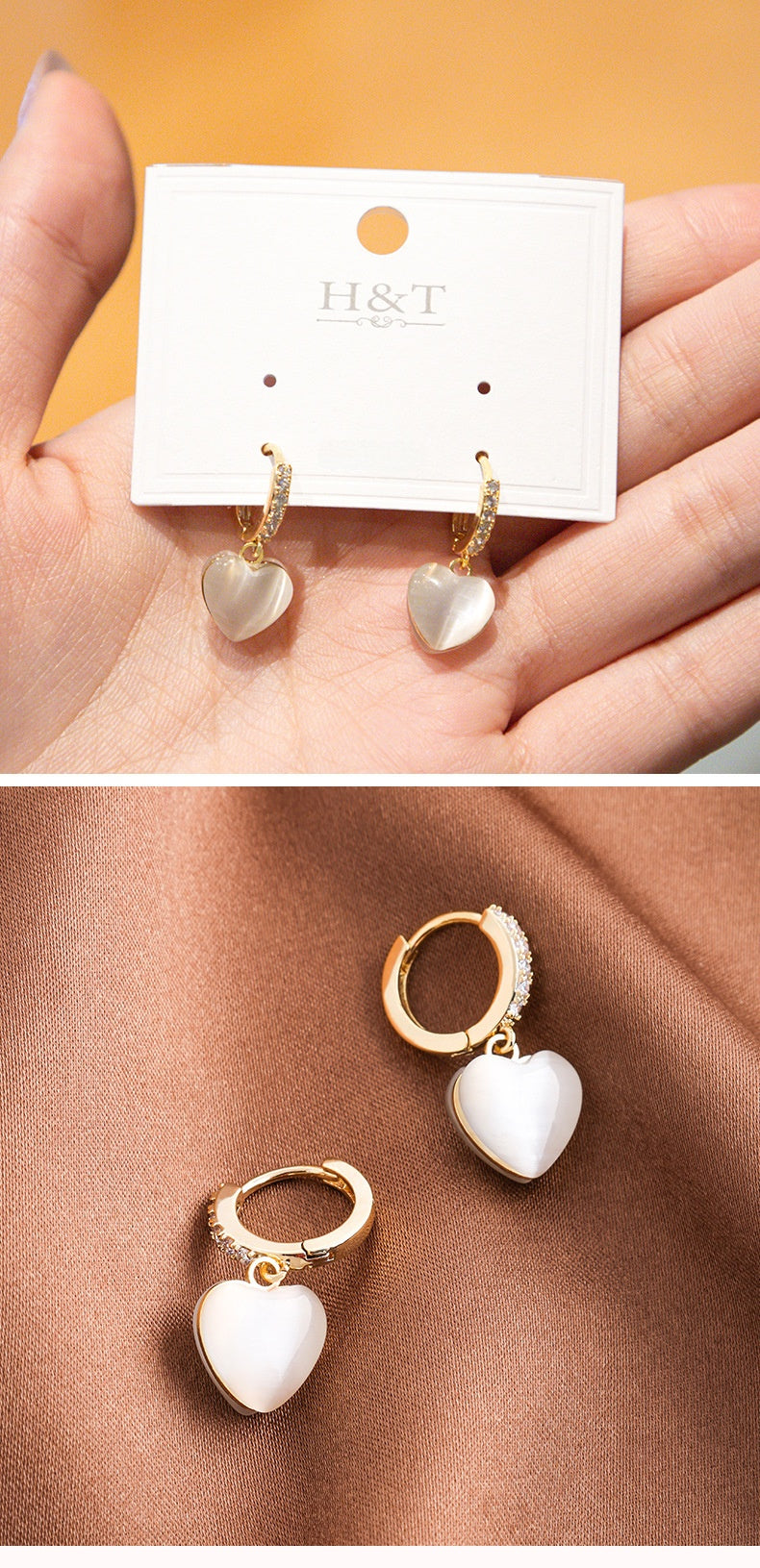 Heart Shape Drop Earrings For Women Featuring Cat's Eye Stone In Real Gold Plated Copper