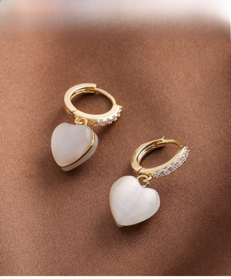 Heart Shape Drop Earrings For Women Featuring Cat's Eye Stone In Real Gold Plated Copper