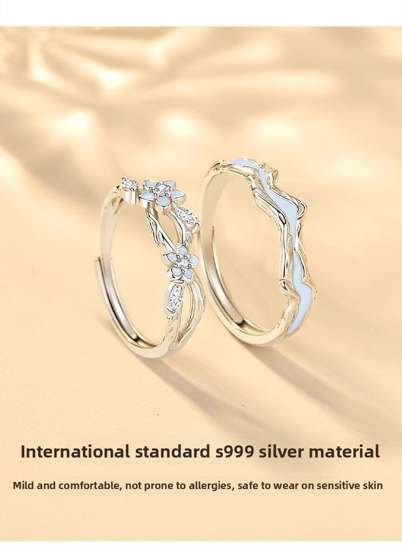 Luminous Flowers Open Rings For Couples, Electroplated Copper, 1 Pair
