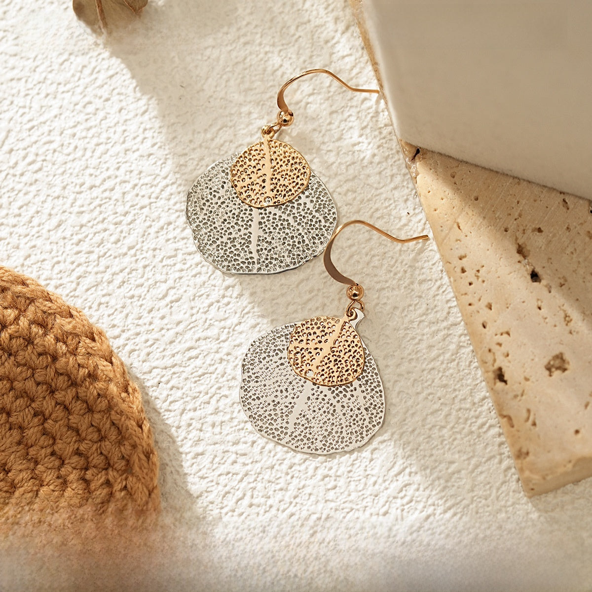 Brushed Steel Color Leaves Drop Earrings For Unisex, Electroplated With Copper Stud Posts