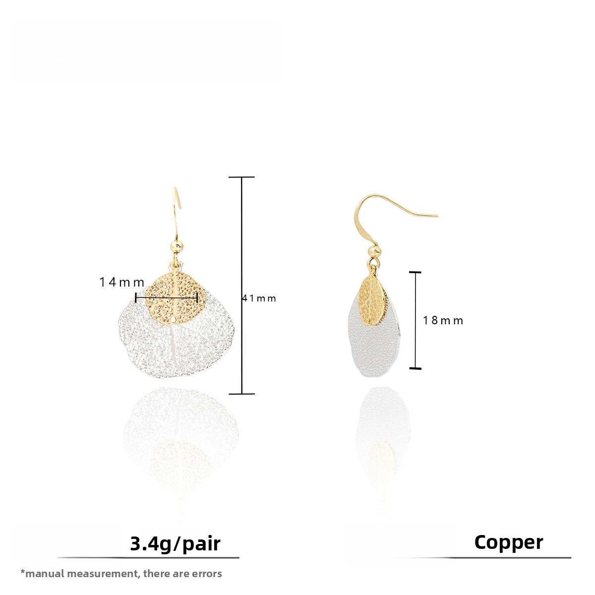 Brushed Steel Color Leaves Drop Earrings For Unisex, Electroplated With Copper Stud Posts