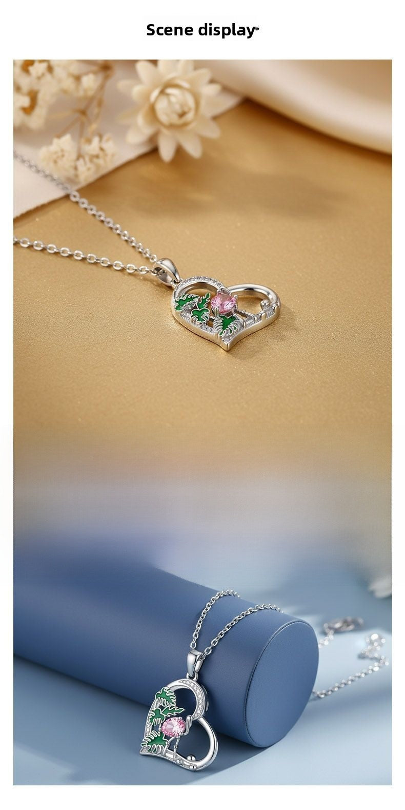 Heart Shape Pendant Necklace For Women In Silver Plated Copper With Rhinestones And Cable Chain