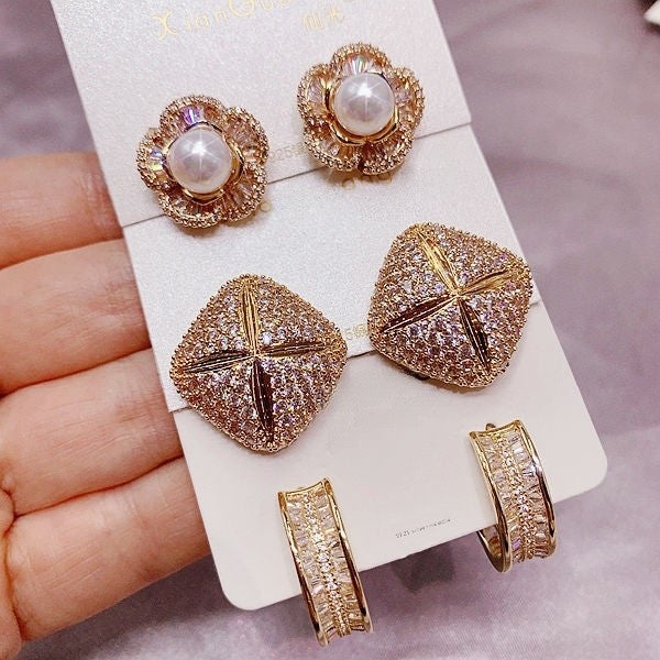 Geometric Stud Earrings For Women In 925 Sterling Silver With Multicolor Zircon Inlay