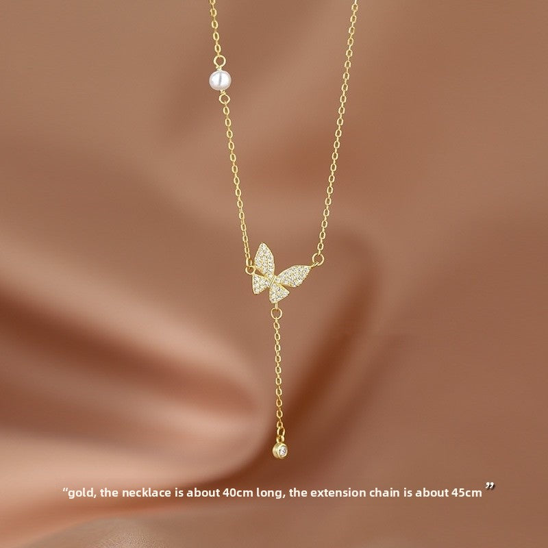 New Style Butterfly Tassel Choker Necklace For Women With 925 Sterling Silver Pendant And Rhinestone Inlay