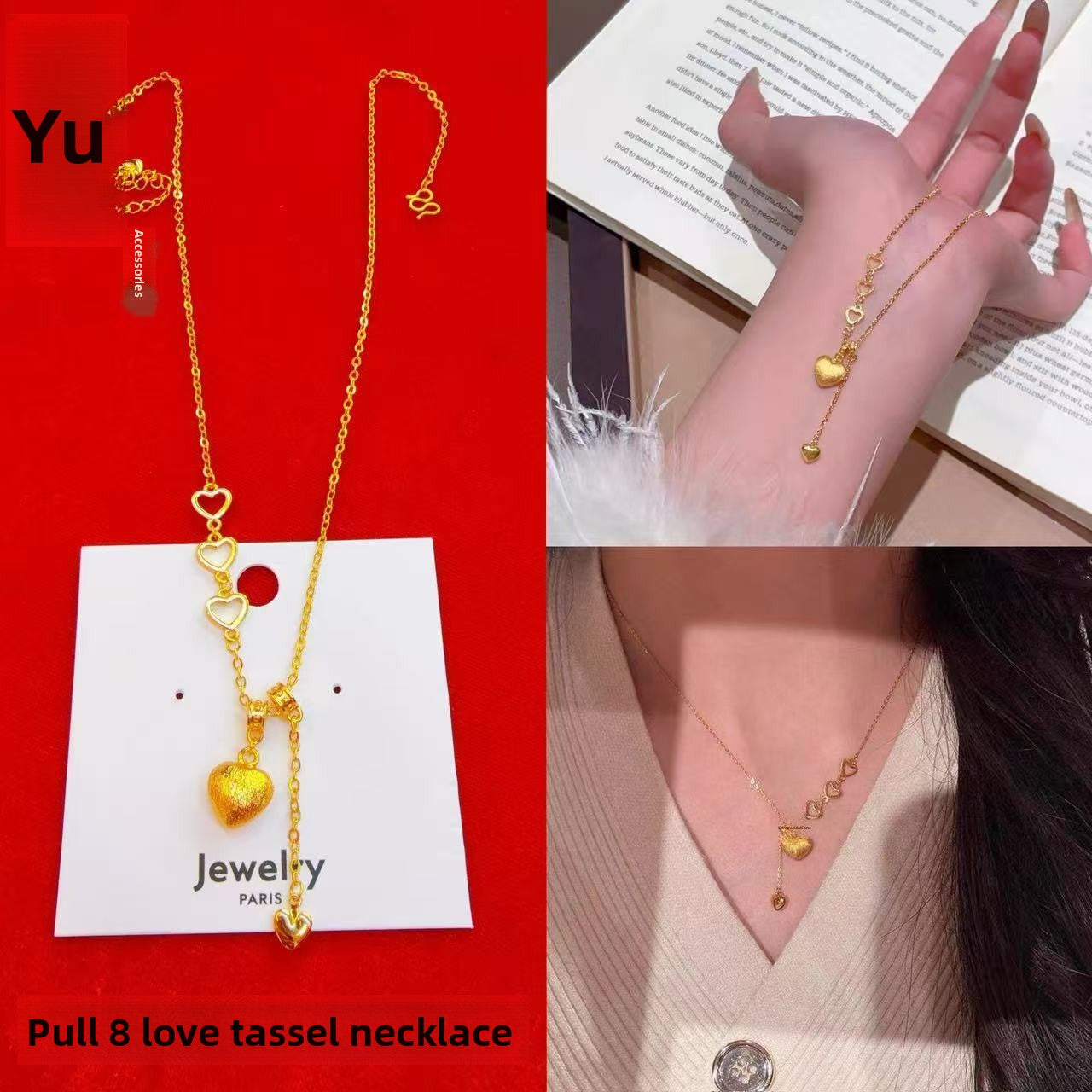 Heart Shape Tassel Necklace In Gold Featuring Copper Pendant Material For Women