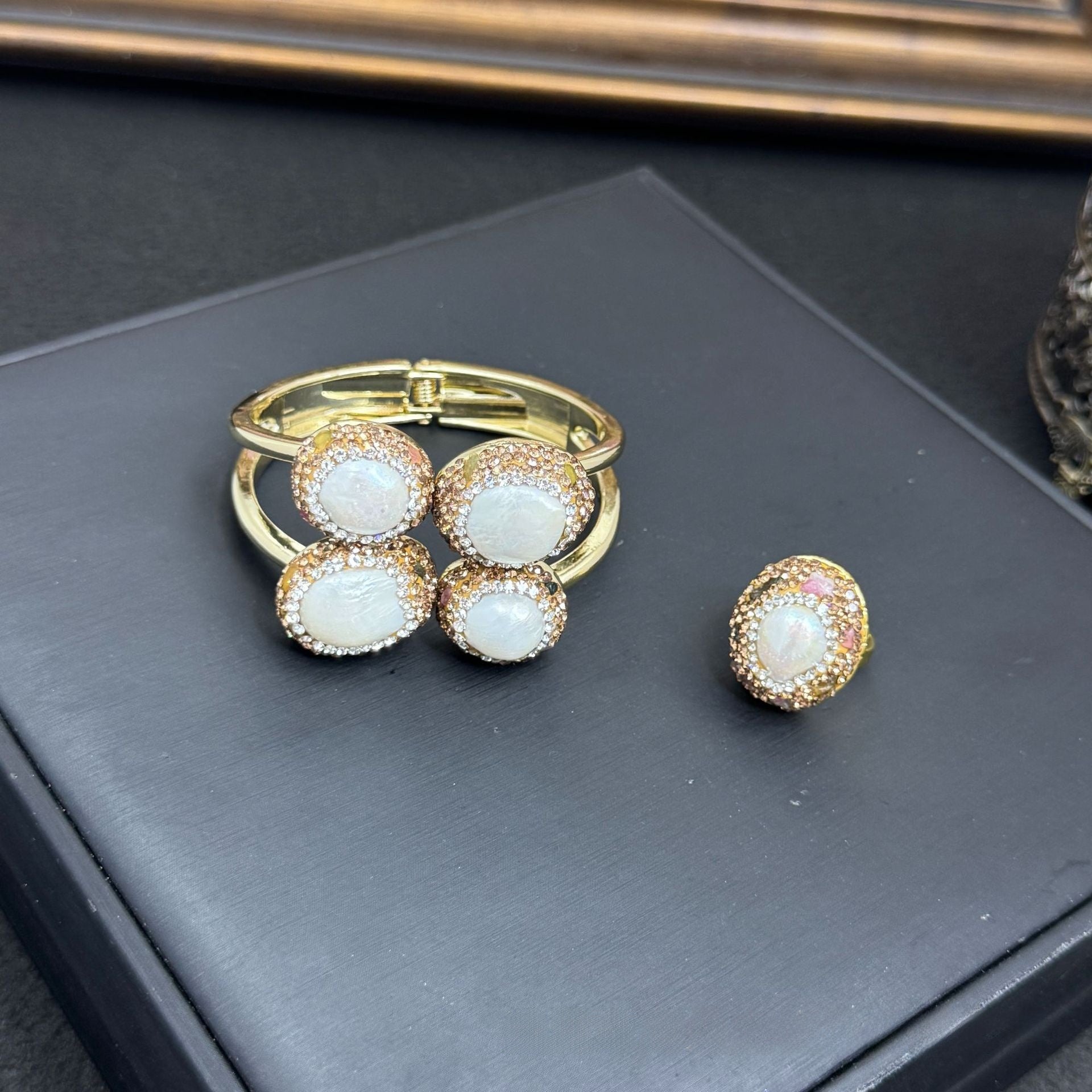 Asymmetrical Baroque Style Bangle With Baroque Pearl Inlay, Zinc Alloy, Featuring Stretch Adjustable Closure