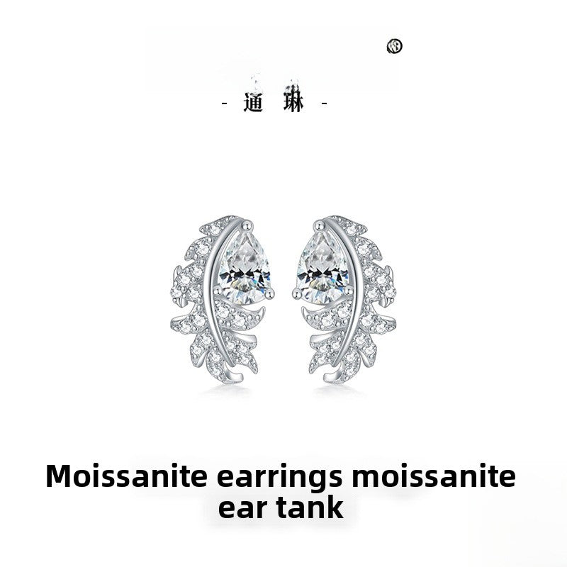Leaves Stud Earrings For Women In 925 Sterling Silver Featuring Moissanite Inlay With Novelty Style