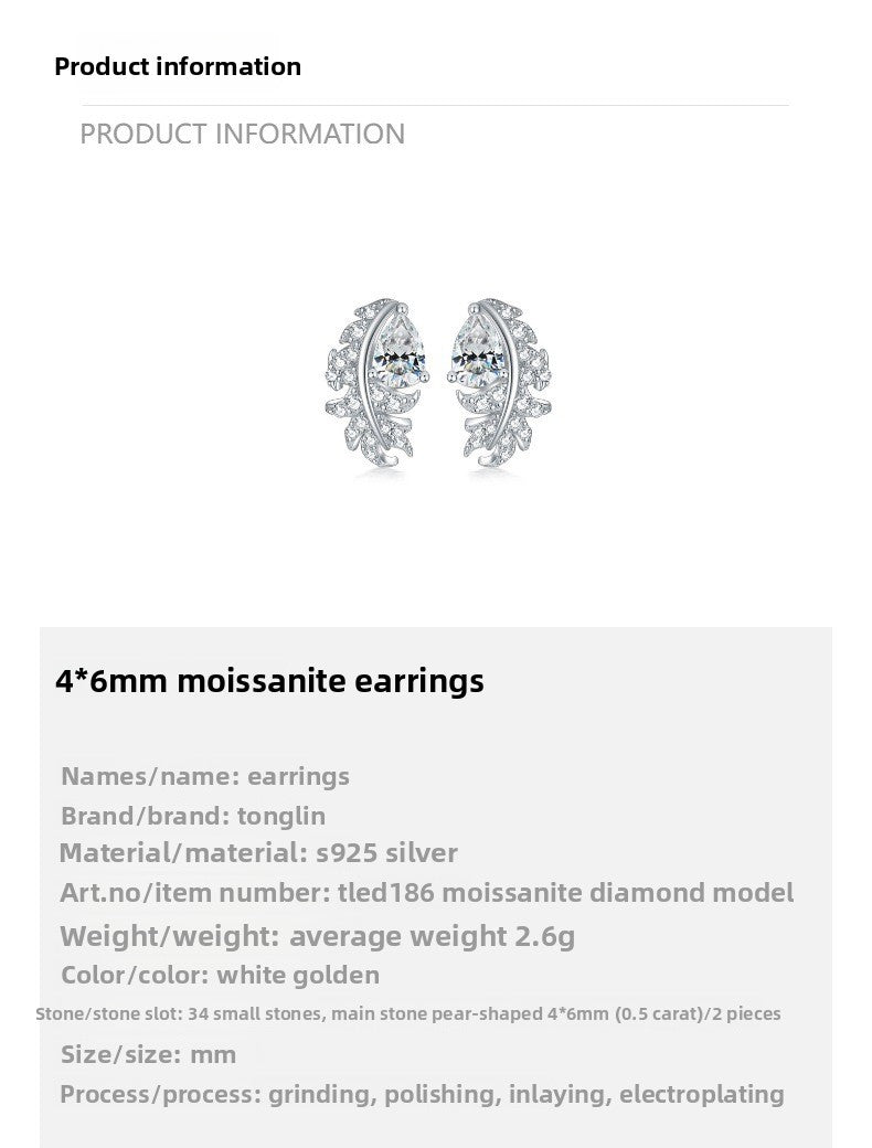 Leaves Stud Earrings For Women In 925 Sterling Silver Featuring Moissanite Inlay With Novelty Style