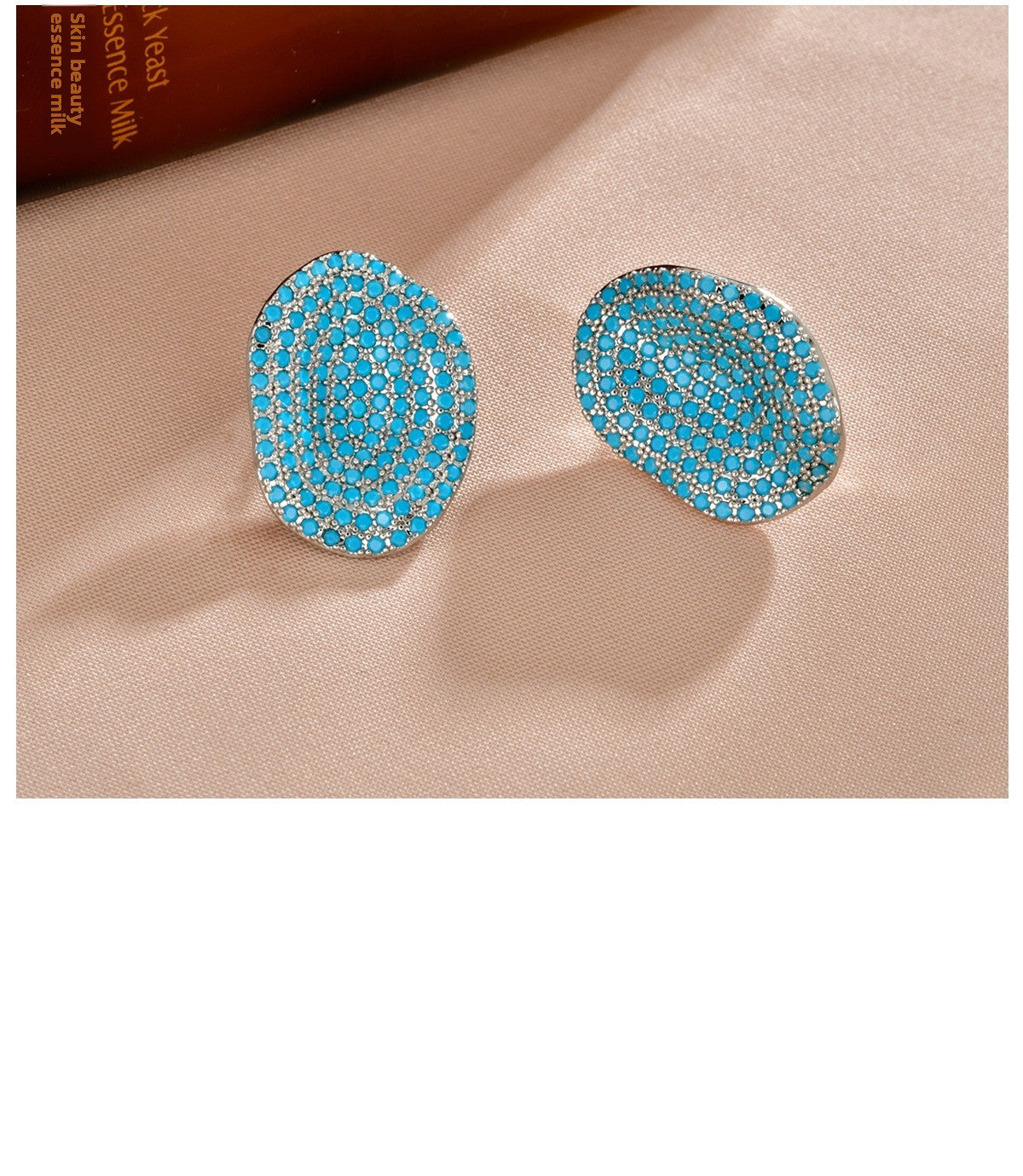 Oval Folded Stud Earrings For Women In Turquoise With 18K Real Gold Plated 925 Sterling Silver And Zircon Inlay