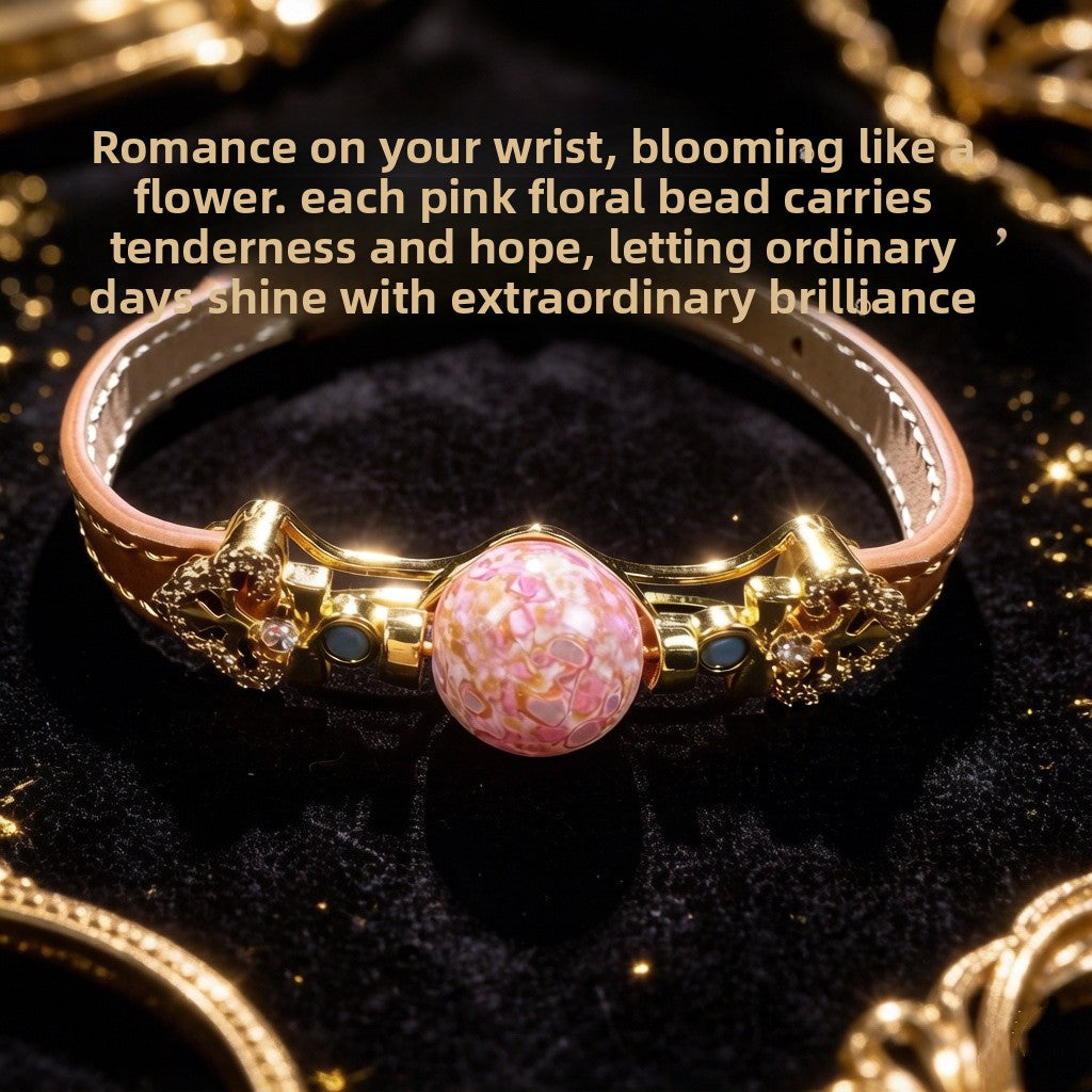 Asymmetrical Flowers Copper Bracelet With Zircon Inlay, Electroplated Gold Plating, Featuring Leather Rope Chain, Unisex Design